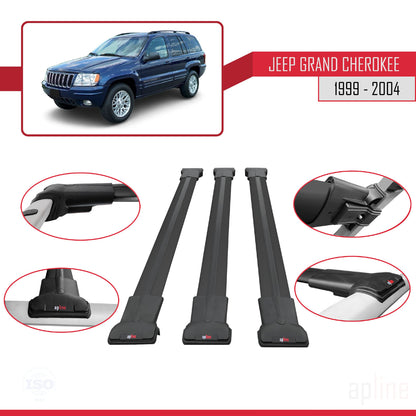 Compatible avec Jeep Grand Cherokee 2 (WJ) 1999-2004 FLY Model Barres de Toit Railing Porte-Bagages de Voiture Noir Aluminium 3 Barres