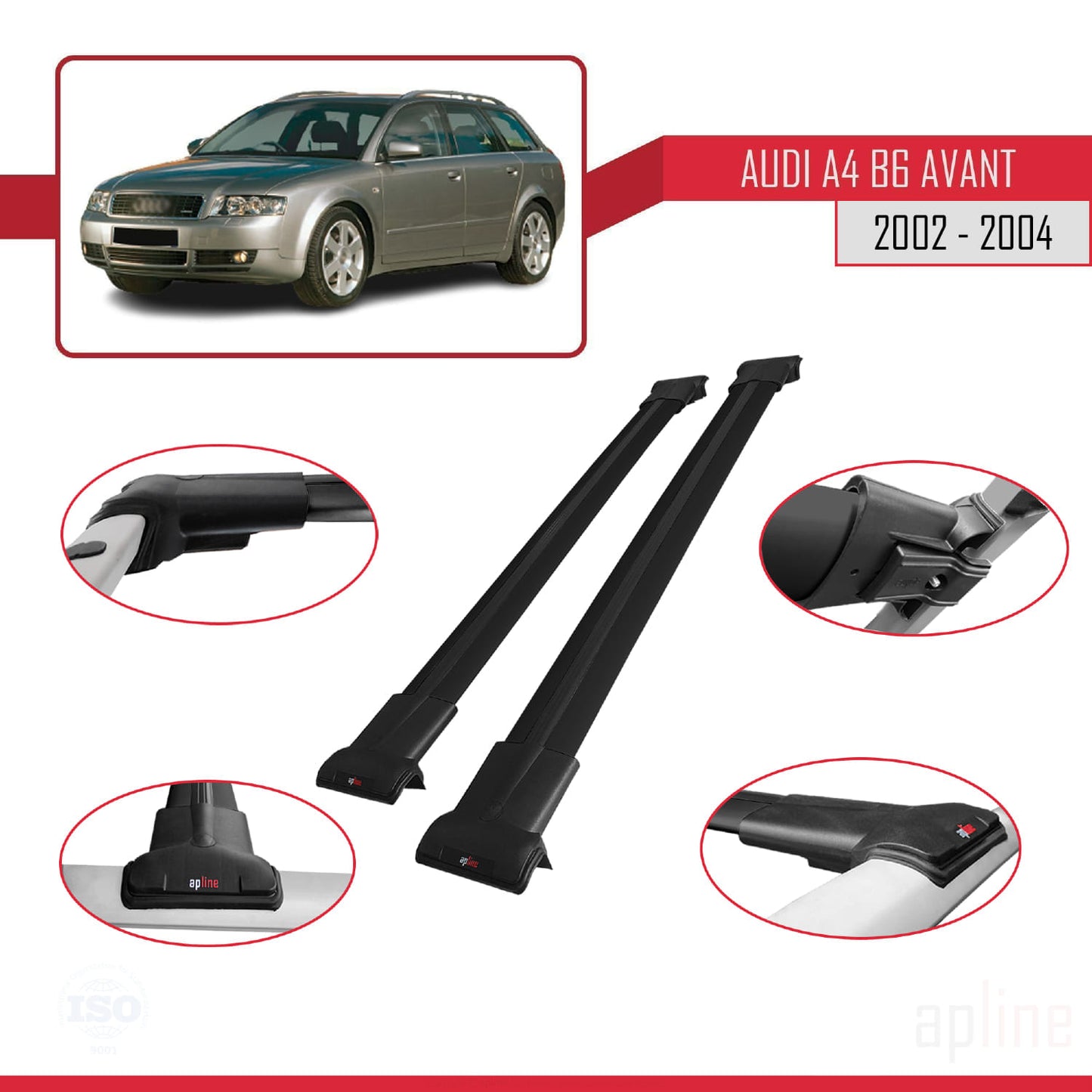 Compatible avec A4 (B6) Avant 2002-2004 FLY Model Barres de Toit Railing Porte-Bagages de Voiture Noir Aluminium 2 Barres