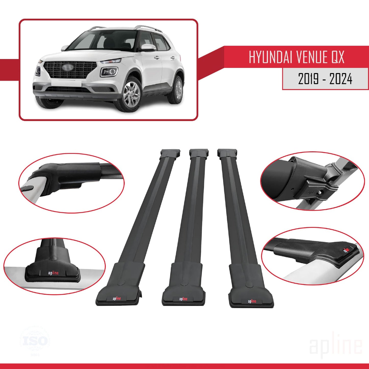 Compatible avec Hyundai Venue (QX) 2019-2024 FLY Model Barres de Toit Railing Porte-Bagages de Voiture Noir Aluminium 3 Barres