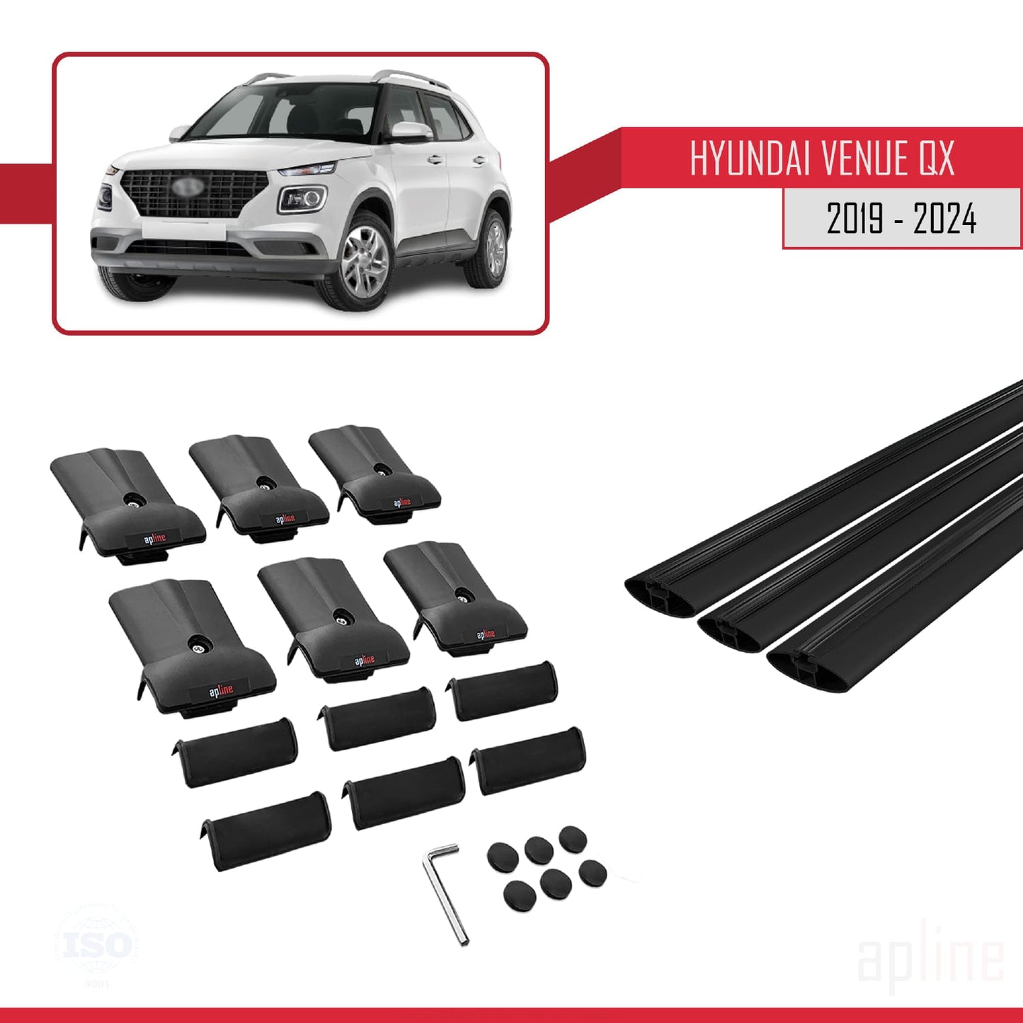 Compatible avec Hyundai Venue (QX) 2019-2024 FLY Model Barres de Toit Railing Porte-Bagages de Voiture Noir Aluminium 3 Barres