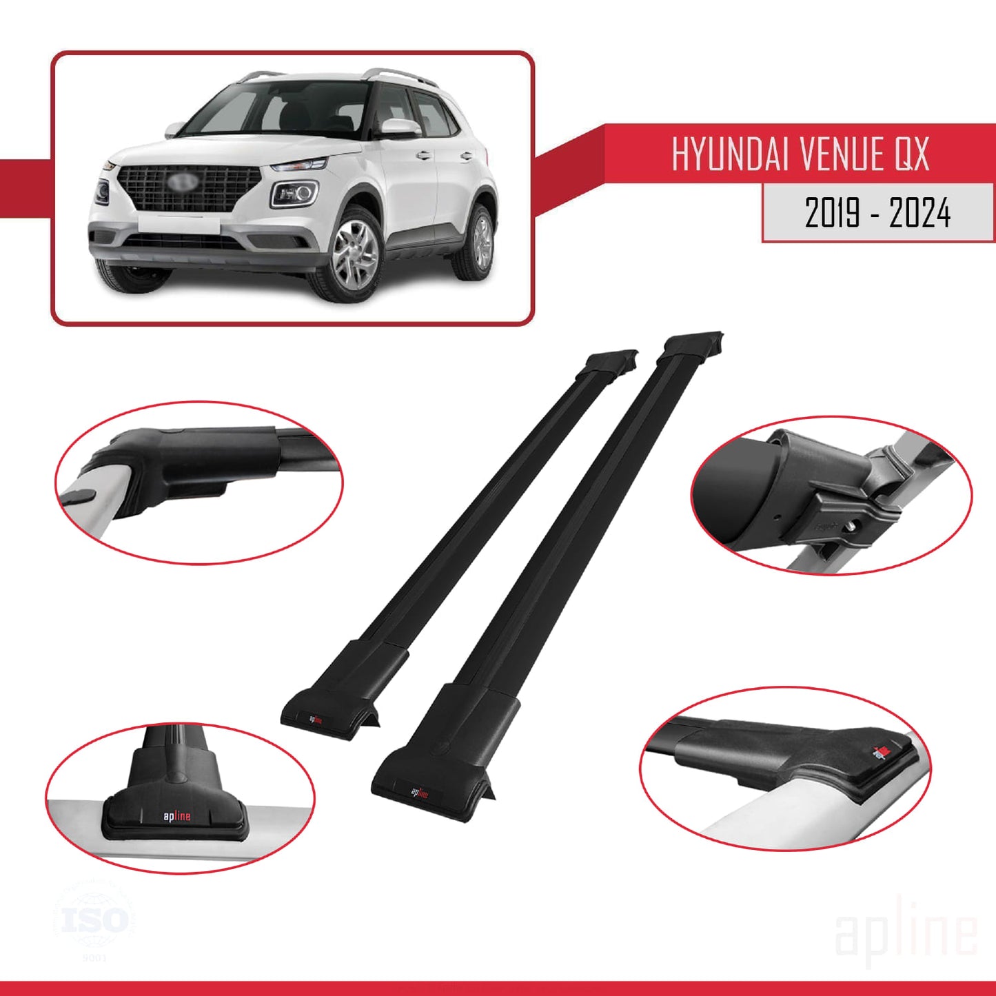 Compatible avec Hyundai Venue (QX) 2019-2024 FLY Model Barres de Toit Railing Porte-Bagages de Voiture Noir Aluminium 2 Barres