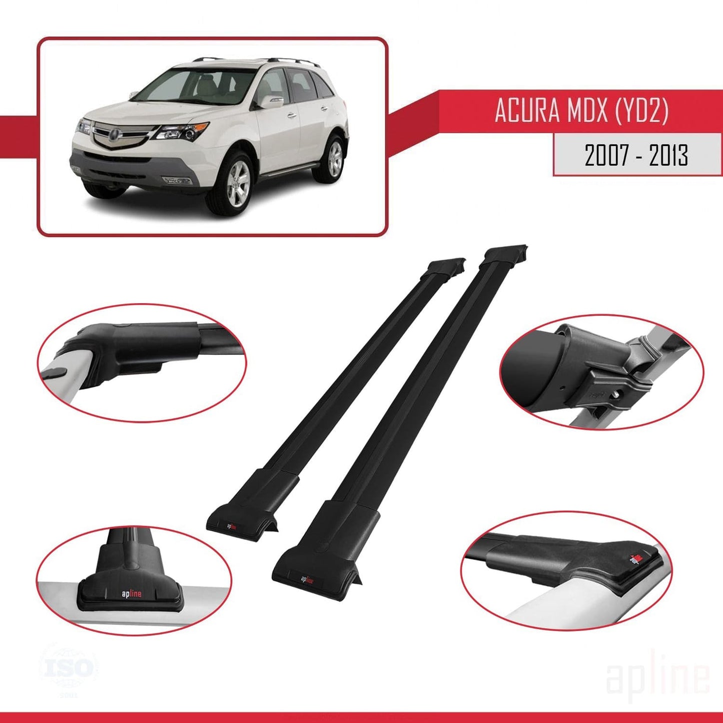 Kompatibel mit Acura MDX (YD2) 2007-2013 FLY Modell Dachgepäckträger, schwarzes Aluminium, 2 Stangen