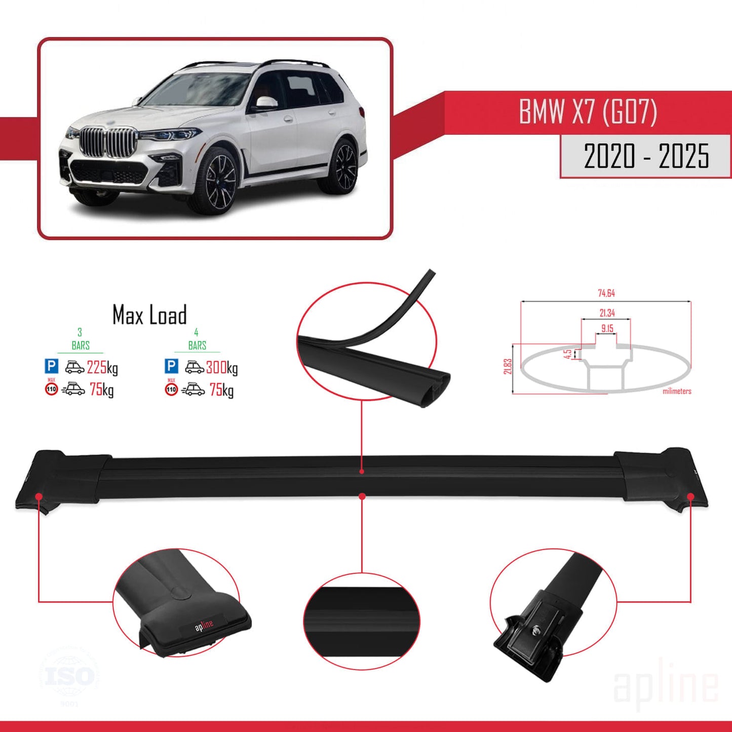 Compatible avec BMW X7 (G07) 2020-2025 FLY Model Barres de Toit Railing Porte-Bagages de Voiture Noir Aluminium 3 Barres