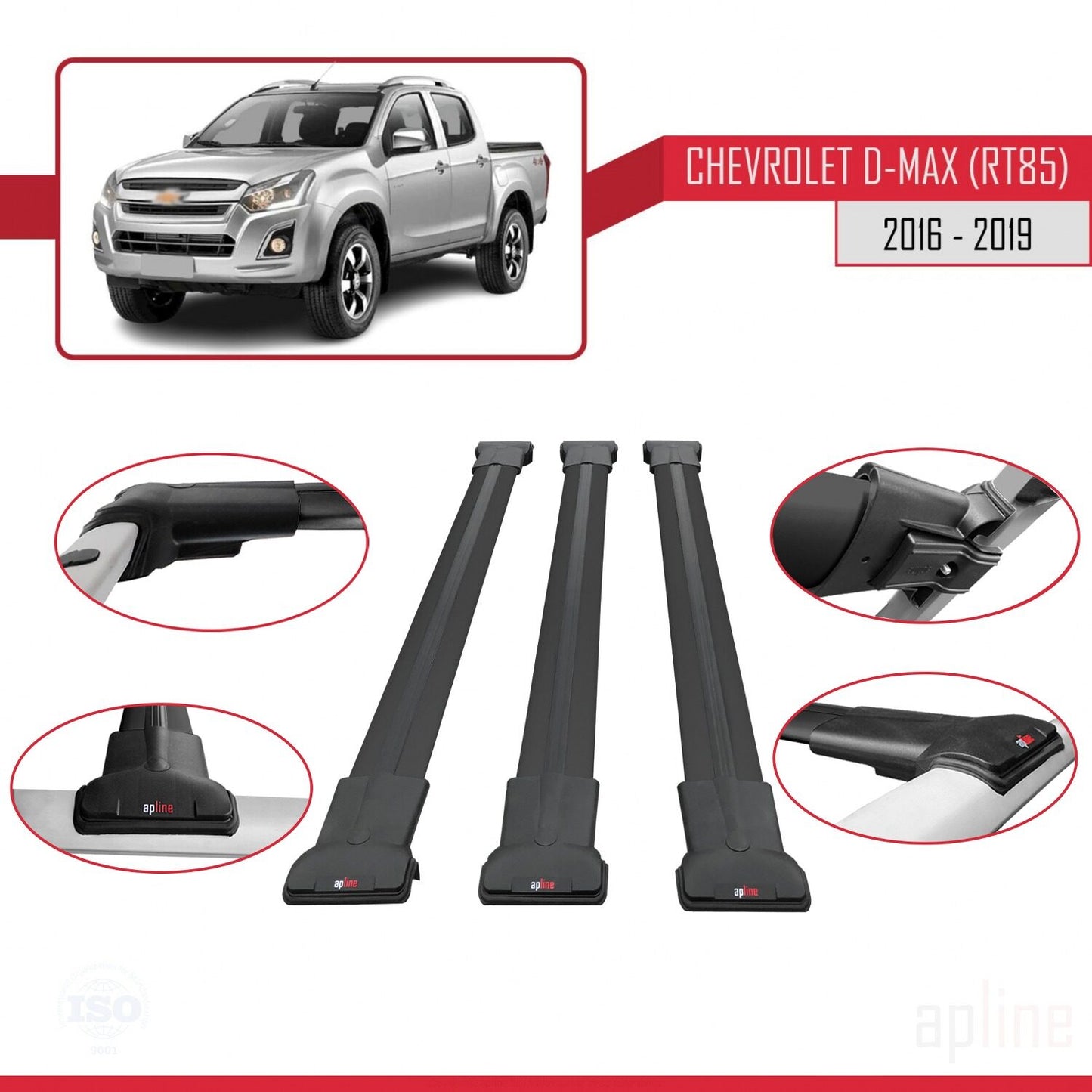 Kompatibel mit Chevrolet D-Max (RT85) 2016-2019 FLY Modell Dachgepäckträger, schwarzes Aluminium, 3-teilig