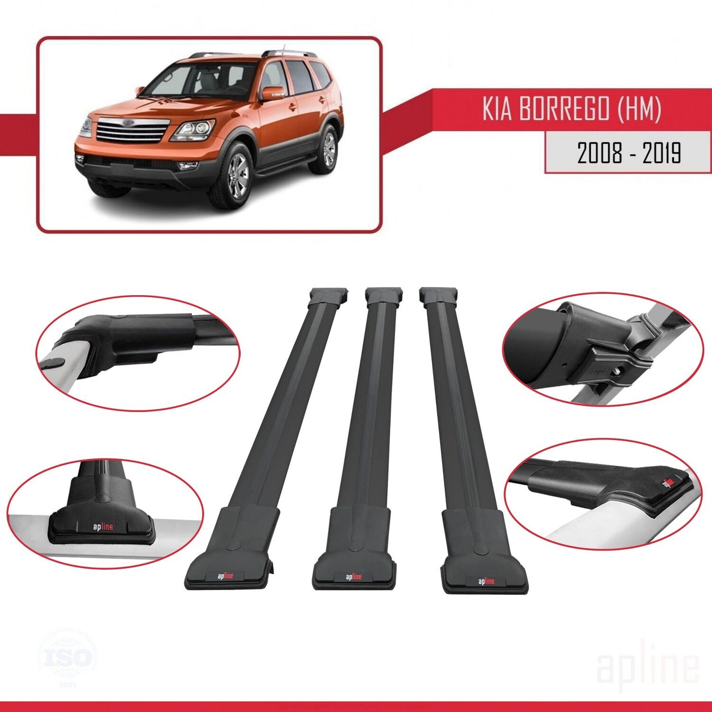 Compatible avec Kia Borrego (HM) 2008-2019 FLY Model Barres de Toit Railing Porte-Bagages de Voiture Noir Aluminium 3 Barres