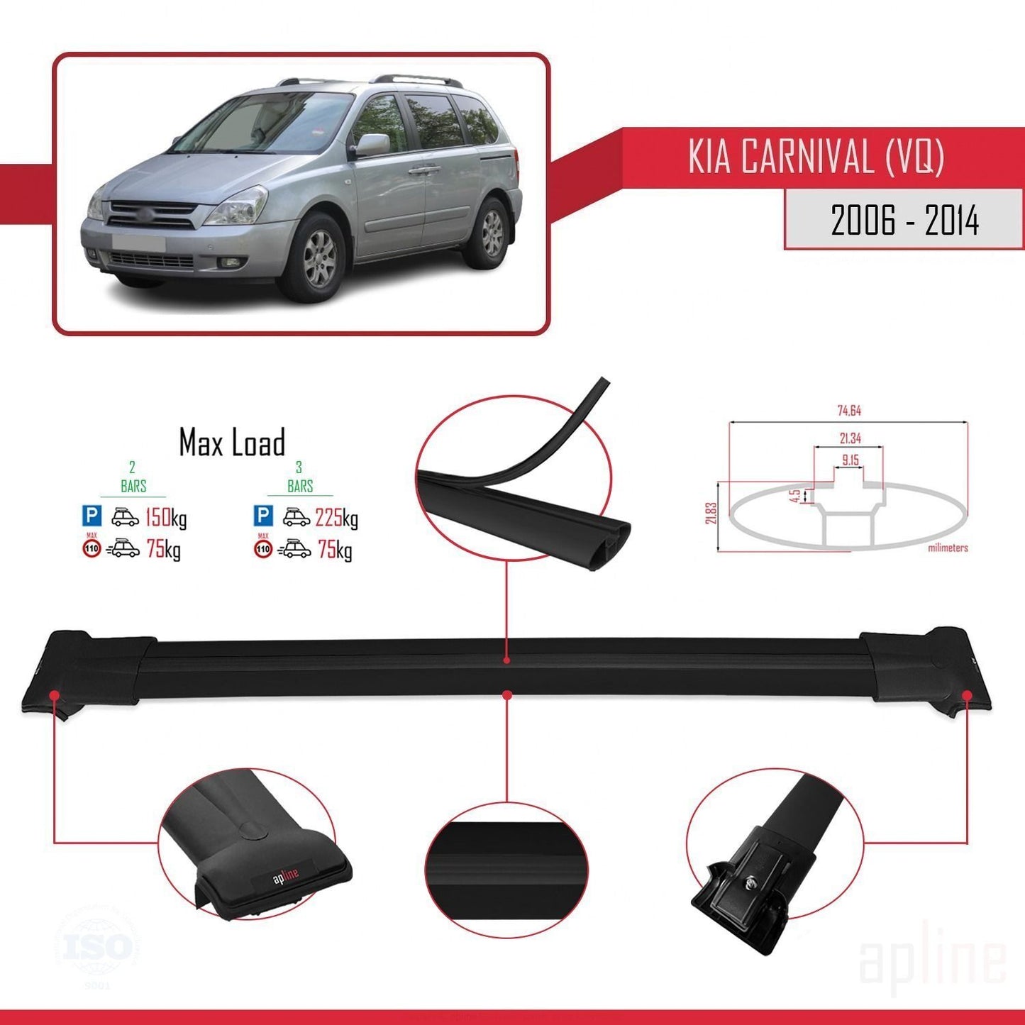 Compatible avec Kia Carnival 2 (VQ) 2006-2014 FLY Model Barres de Toit Railing Porte-Bagages de Voiture Noir Aluminium 2 Barres