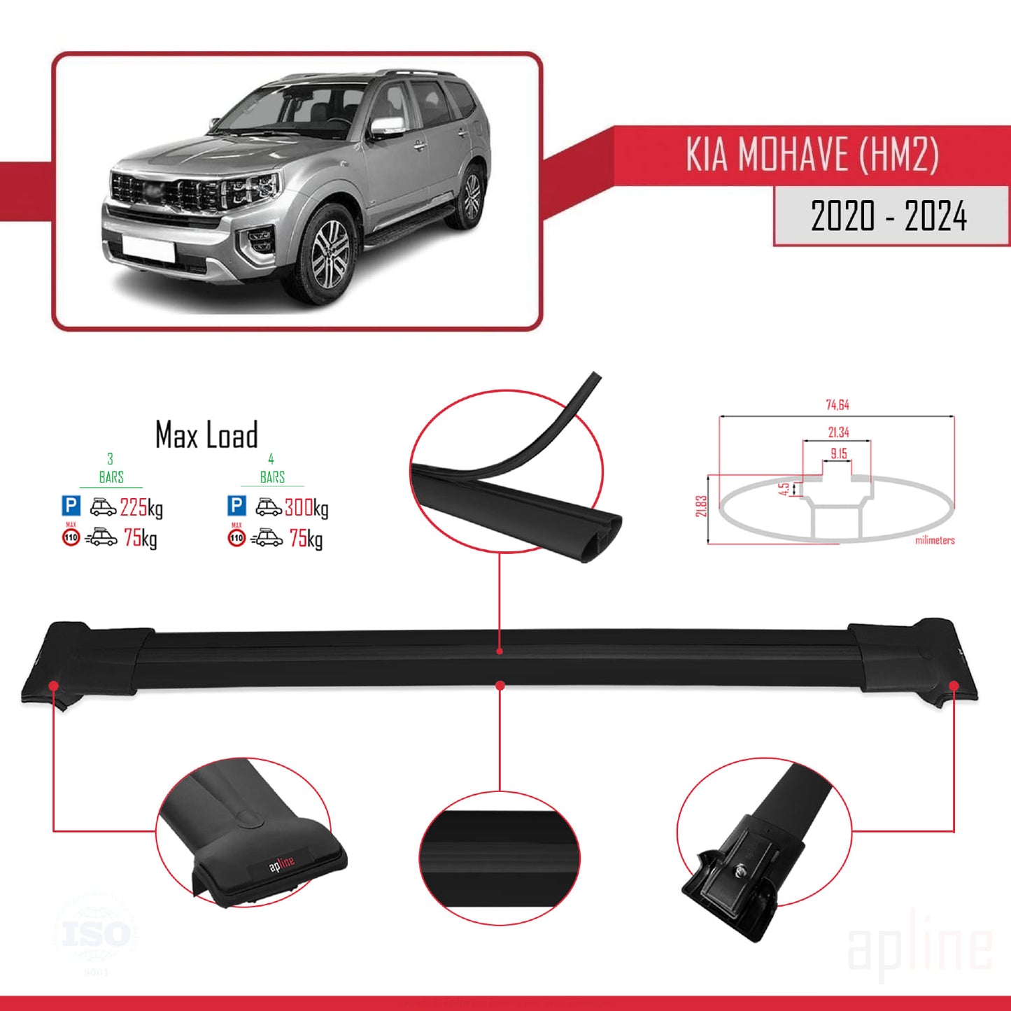 Compatible avec Kia Mohave 2 (HM2) 2020-2024 FLY Model Barres de Toit Railing Porte-Bagages de Voiture Noir Aluminium 3 Barres