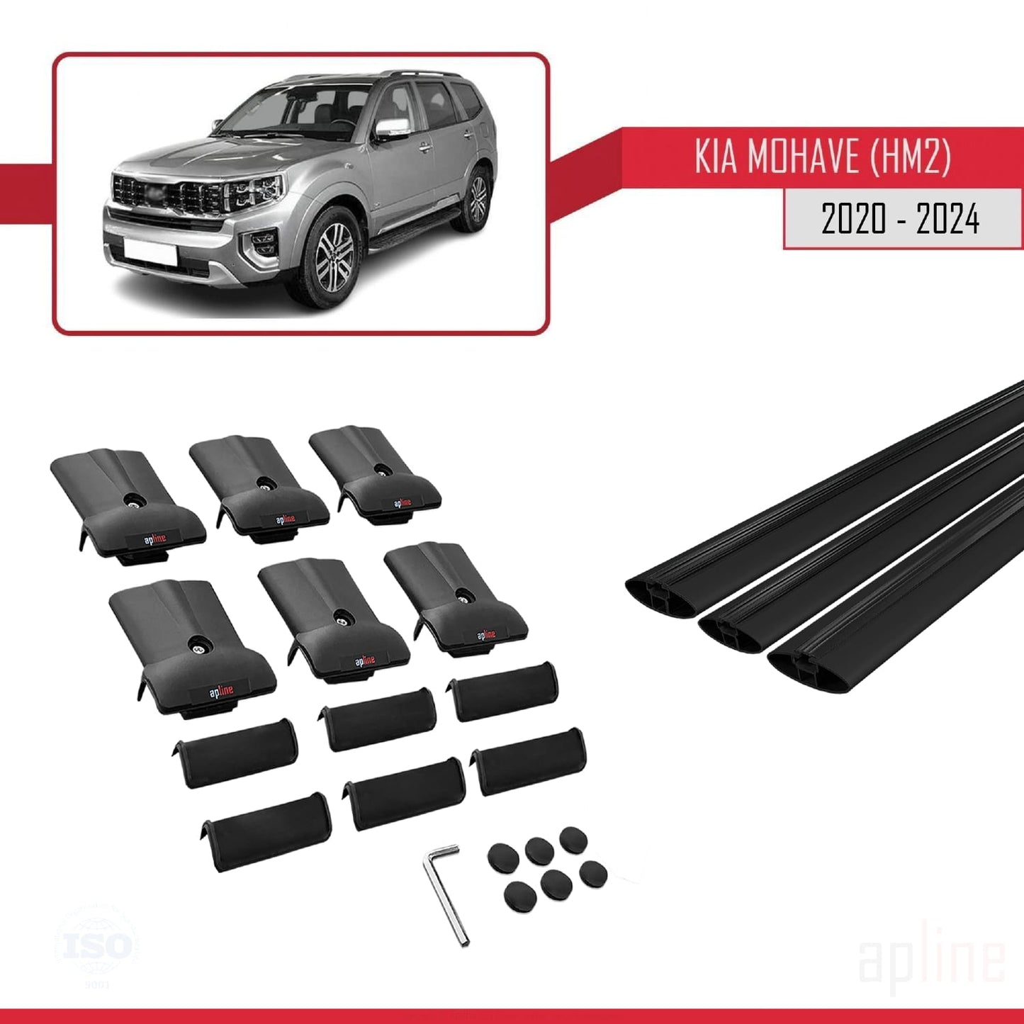 Compatible avec Kia Mohave 2 (HM2) 2020-2024 FLY Model Barres de Toit Railing Porte-Bagages de Voiture Noir Aluminium 3 Barres