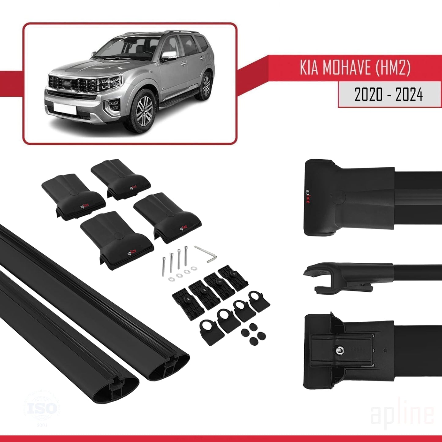 Compatible avec Kia Mohave 2 (HM2) 2020-2024 FLY Model Barres de Toit Railing Porte-Bagages de Voiture Noir Aluminium 2 Barres