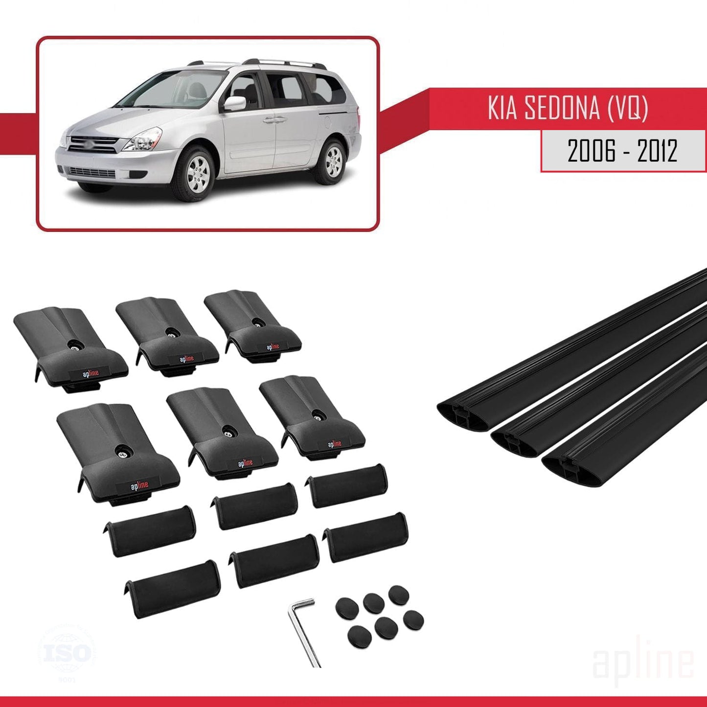 Compatible avec Kia Sedona 2 (VQ) 2006-2012 FLY Model Barres de Toit Railing Porte-Bagages de Voiture Noir Aluminium 3 Barres