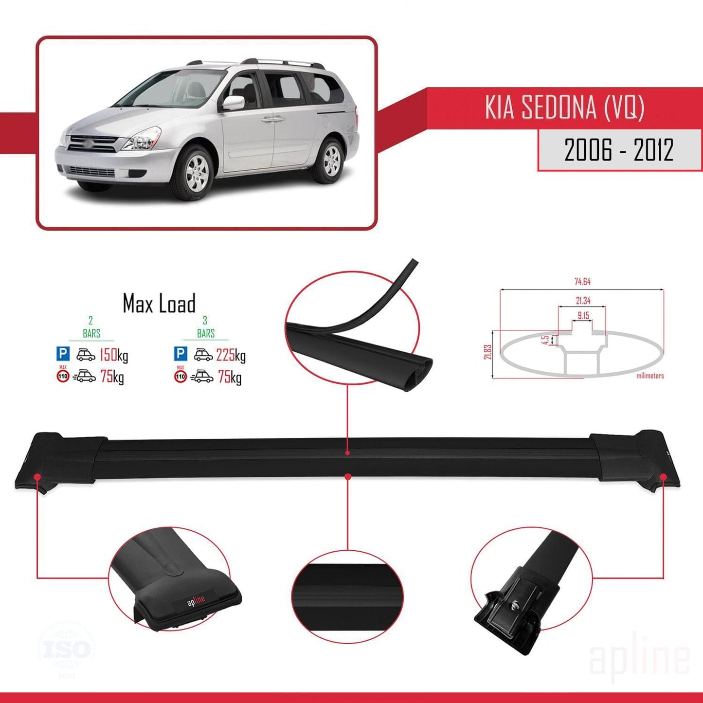 Compatible avec Kia Sedona 2 (VQ) 2006-2012 FLY Model Barres de Toit Railing Porte-Bagages de Voiture Noir Aluminium 2 Barres