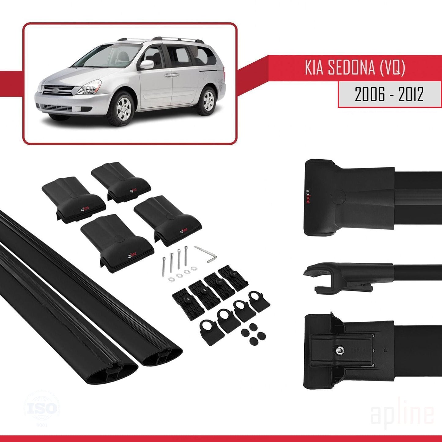 Compatible avec Kia Sedona 2 (VQ) 2006-2012 FLY Model Barres de Toit Railing Porte-Bagages de Voiture Noir Aluminium 2 Barres