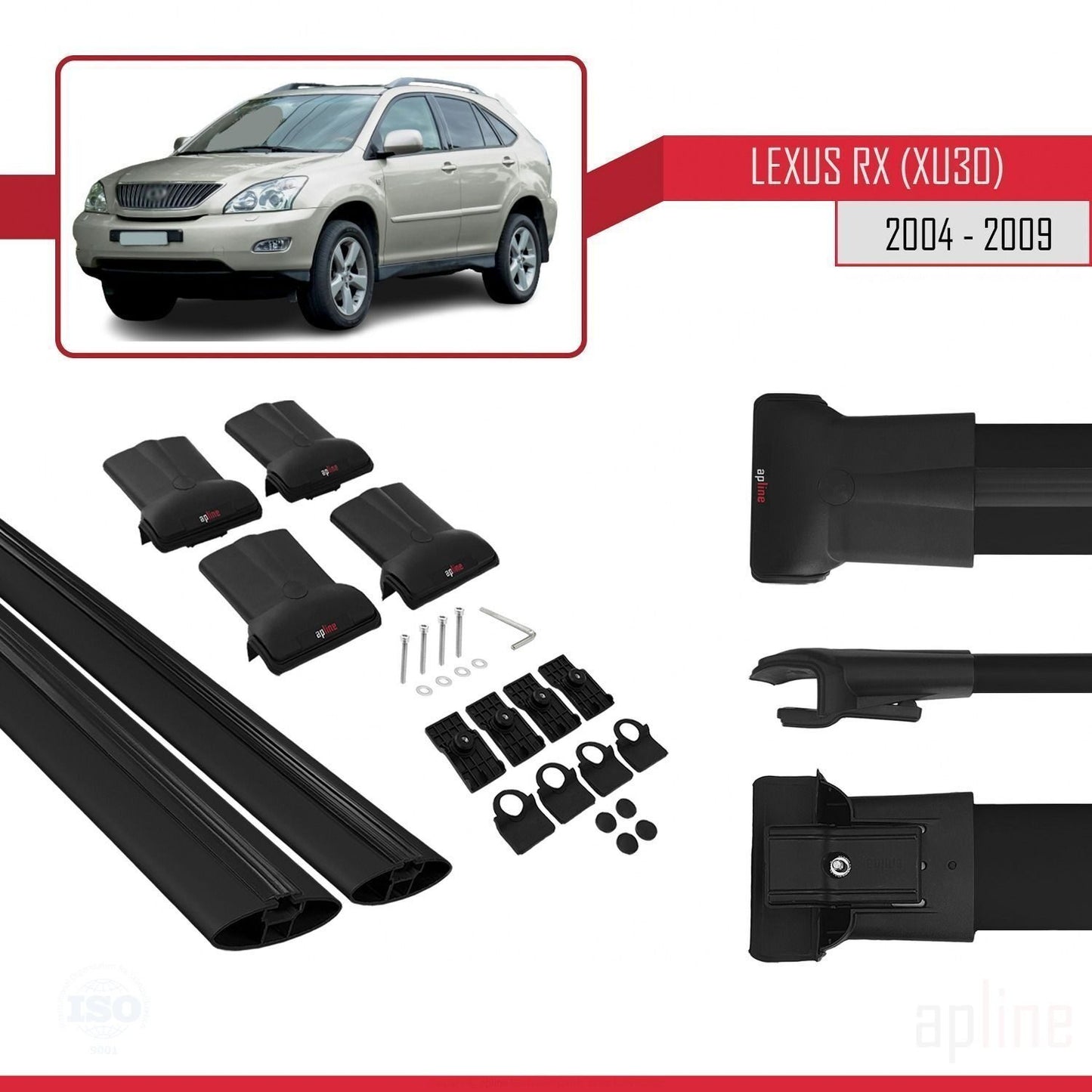 Compatible avec Lexus RX 2 (XU30) 2004-2009 FLY Model Barres de Toit Railing Porte-Bagages de Voiture Noir Aluminium 2 Barres
