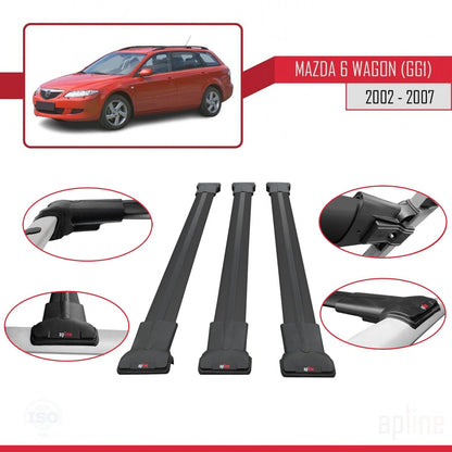 Compatible avec Mazda 6 I (GG1) 2002-2007 FLY Model Barres de Toit Railing Porte-Bagages de Voiture Noir Aluminium 3 Barres