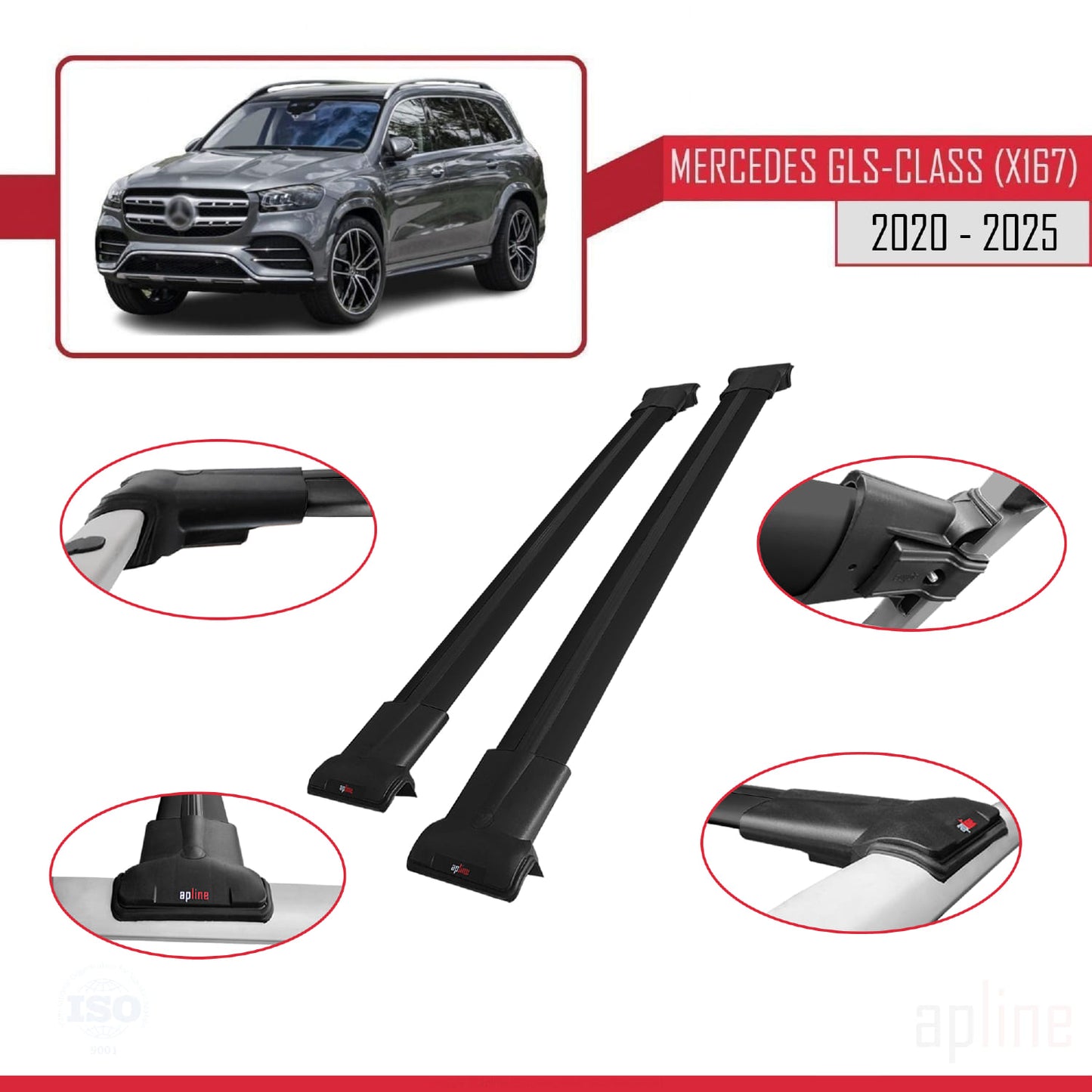 Compatible avec Mercedes Classe GLS (X167) 2020-2025 FLY Model Barres de Toit Railing Porte-Bagages de Voiture Noir Aluminium 2 Barres