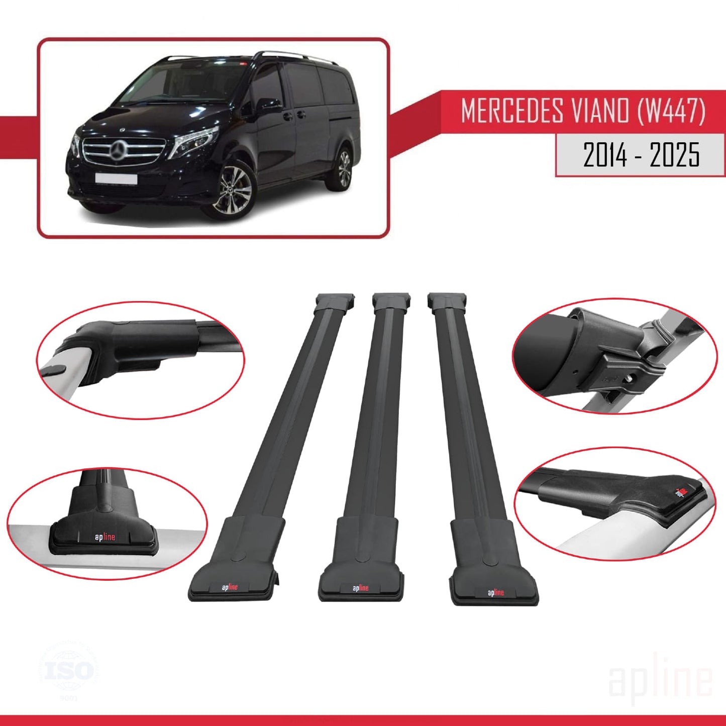 Compatible with Mercedes Viano 3 (W447) 2014-2025 FLY Model Car Roof Rack Cross Bar Black Aluminium 3 Bars