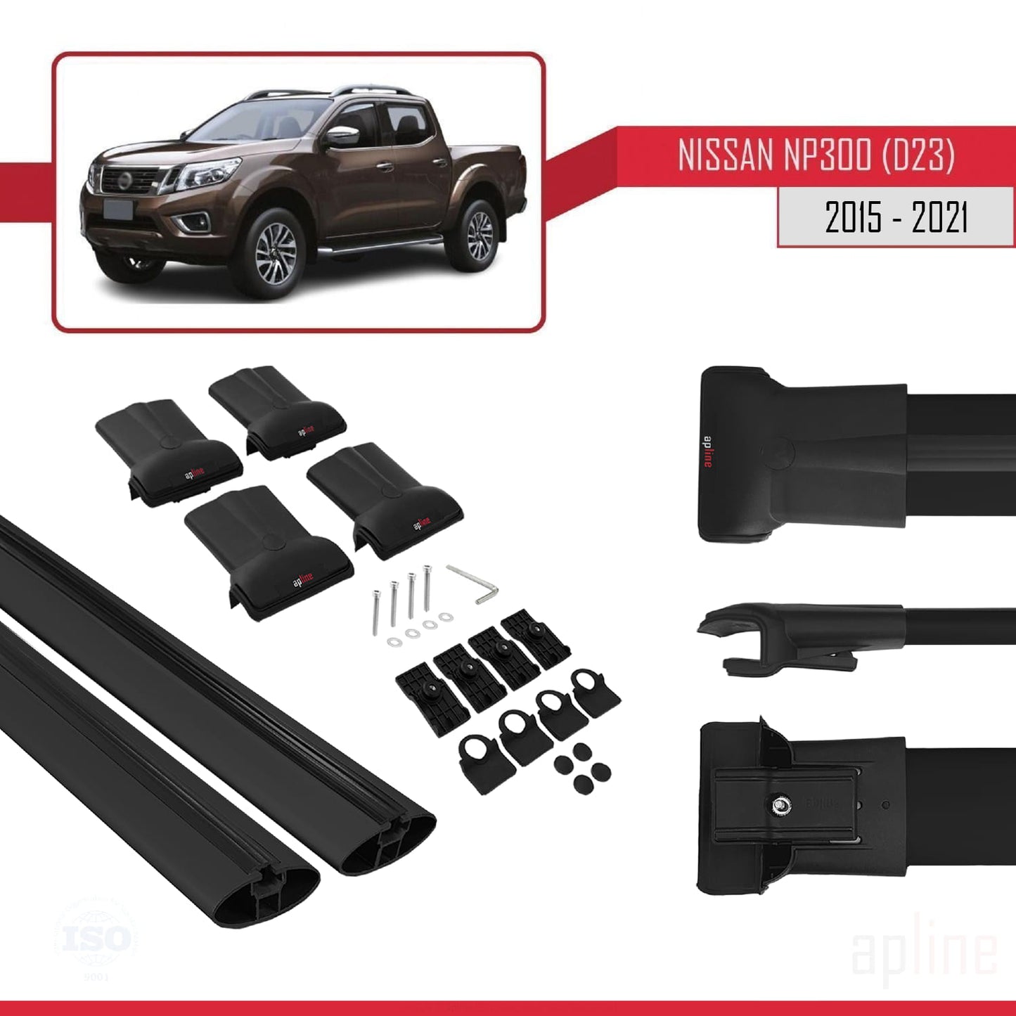 Compatible with Nissan NP300 (D23) 2015-2021 FLY Model Car Roof Rack Cross Bar Black Aluminium 2 Bars