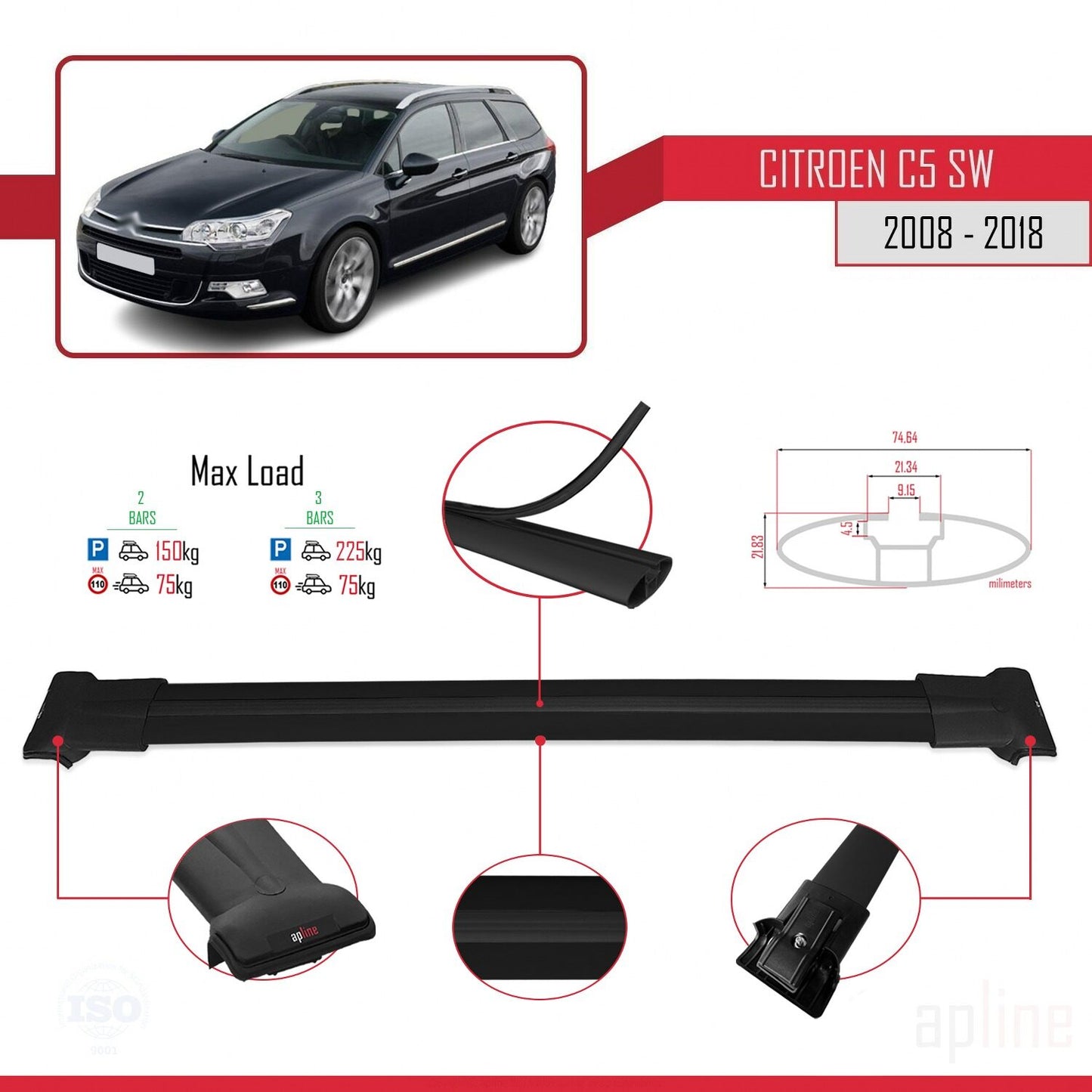 Kompatibel mit Citroen C5 II Tourer 2008-2018 FLY Modell Dachgepäckträger, schwarzes Aluminium, 2 Stangen