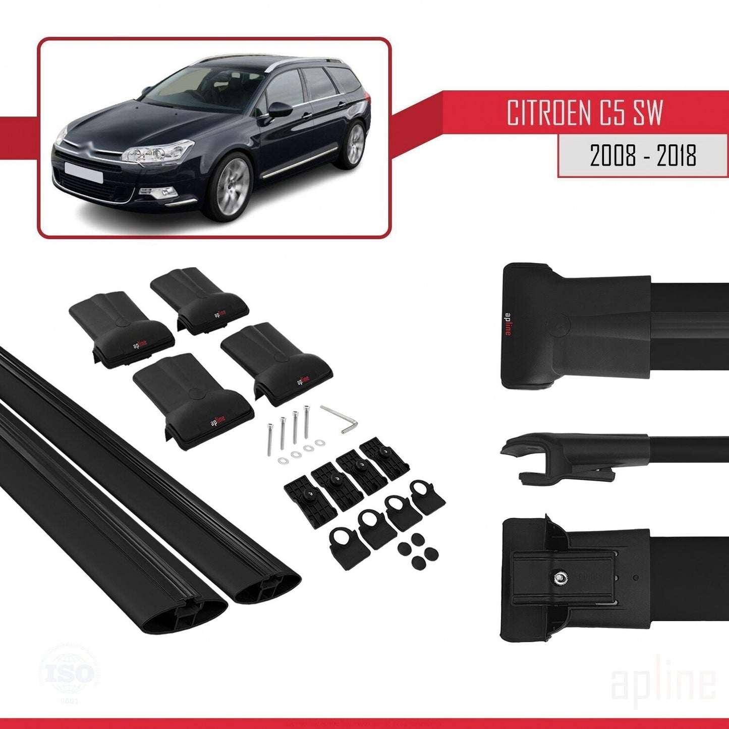 Kompatibel mit Citroen C5 II Tourer 2008-2018 FLY Modell Dachgepäckträger, schwarzes Aluminium, 2 Stangen