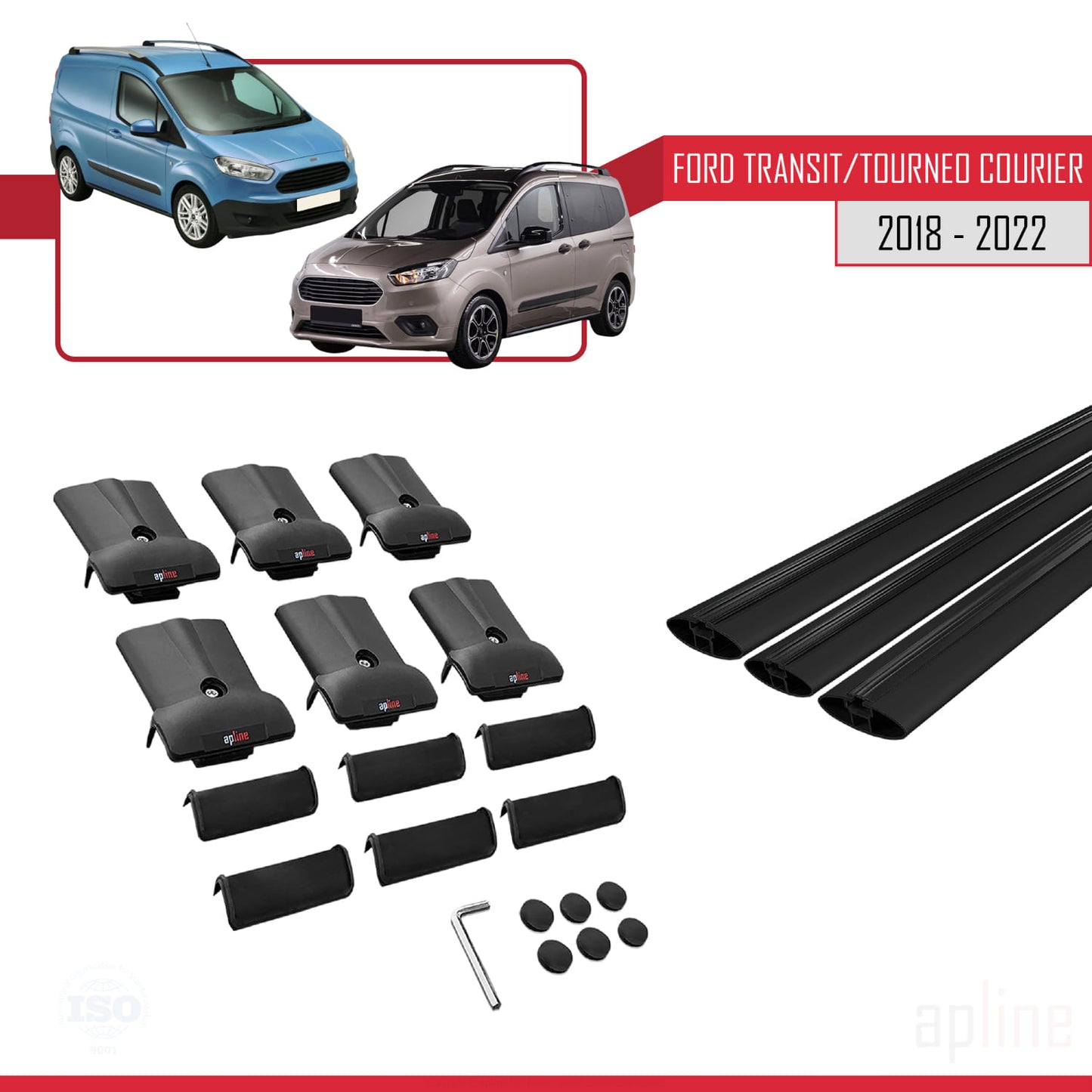 Compatible avec Ford Transit/Tourneo Courier Post-Facelift 2018-2022 FLY Model Barres de Toit Railing Porte-Bagages de Voiture Noir Aluminium 3 Barres