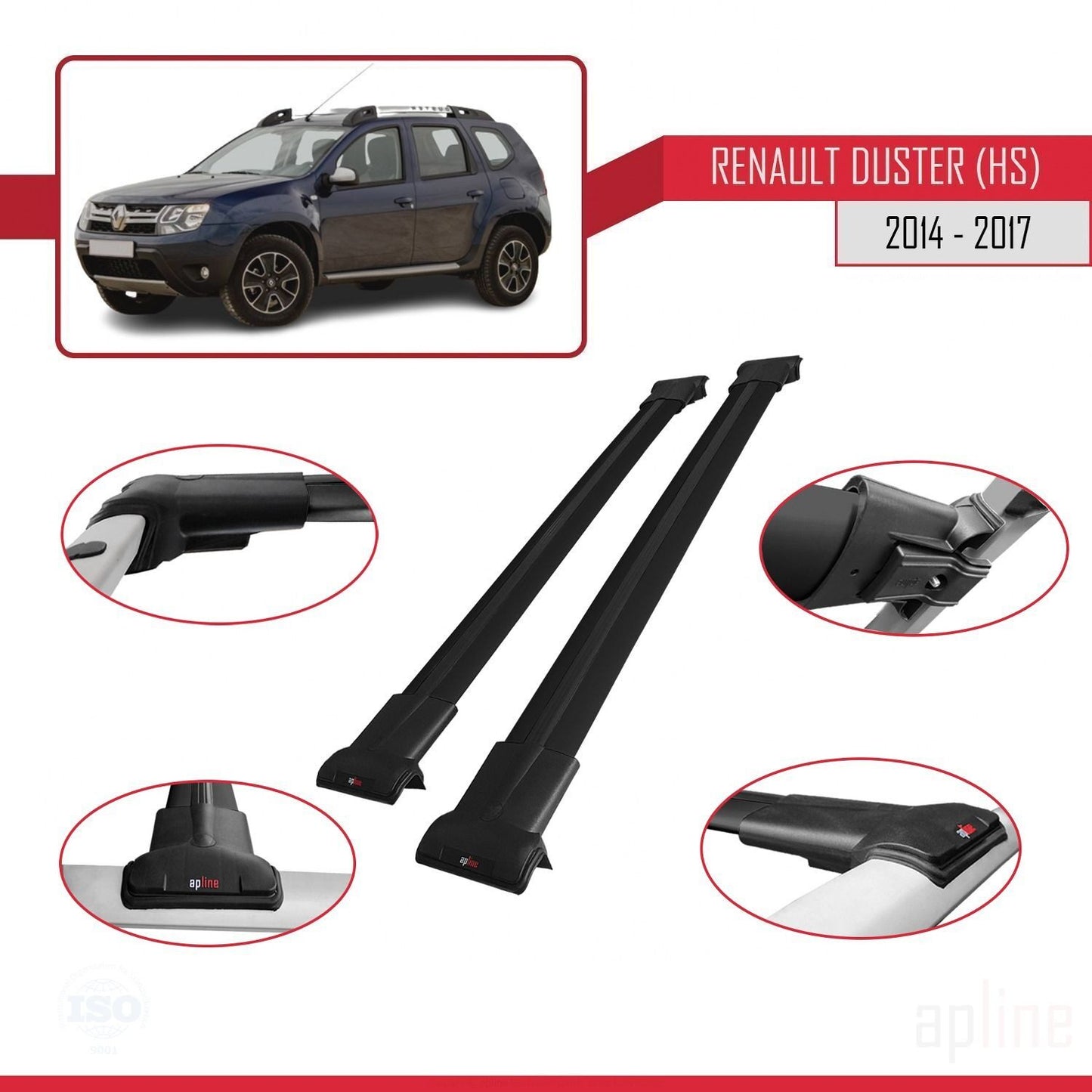 Compatible with Renault Duster (HS) Post-Facelift 2014-2017 FLY Model Car Roof Rack Cross Bar Black Aluminium 2 Bars