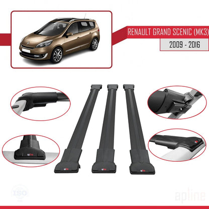 Compatible avec Renault Grand Scenic 3 2009-2016 FLY Model Barres de Toit Railing Porte-Bagages de Voiture Noir Aluminium 3 Barres