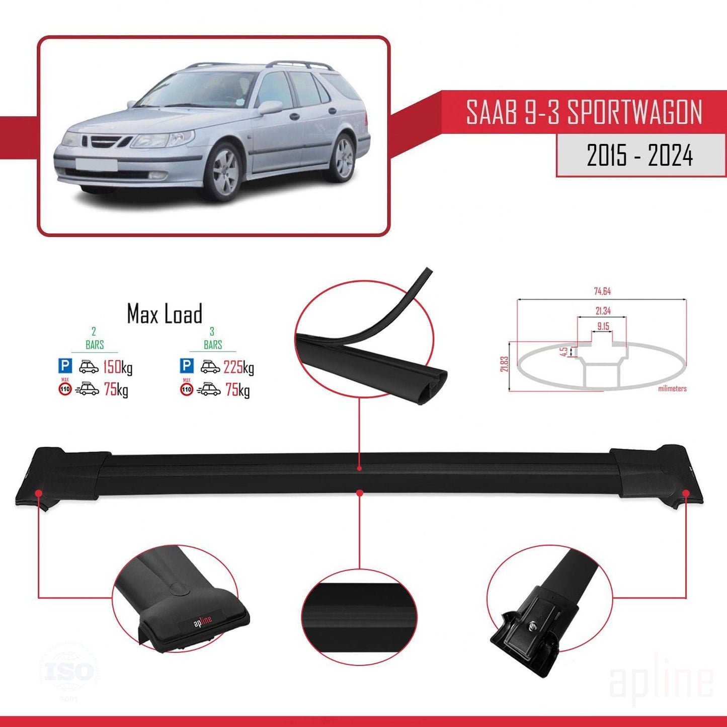 Compatible avec Saab 9-3 II Break 2006-2012 FLY Model Barres de Toit Railing Porte-Bagages de Voiture Noir Aluminium 2 Barres