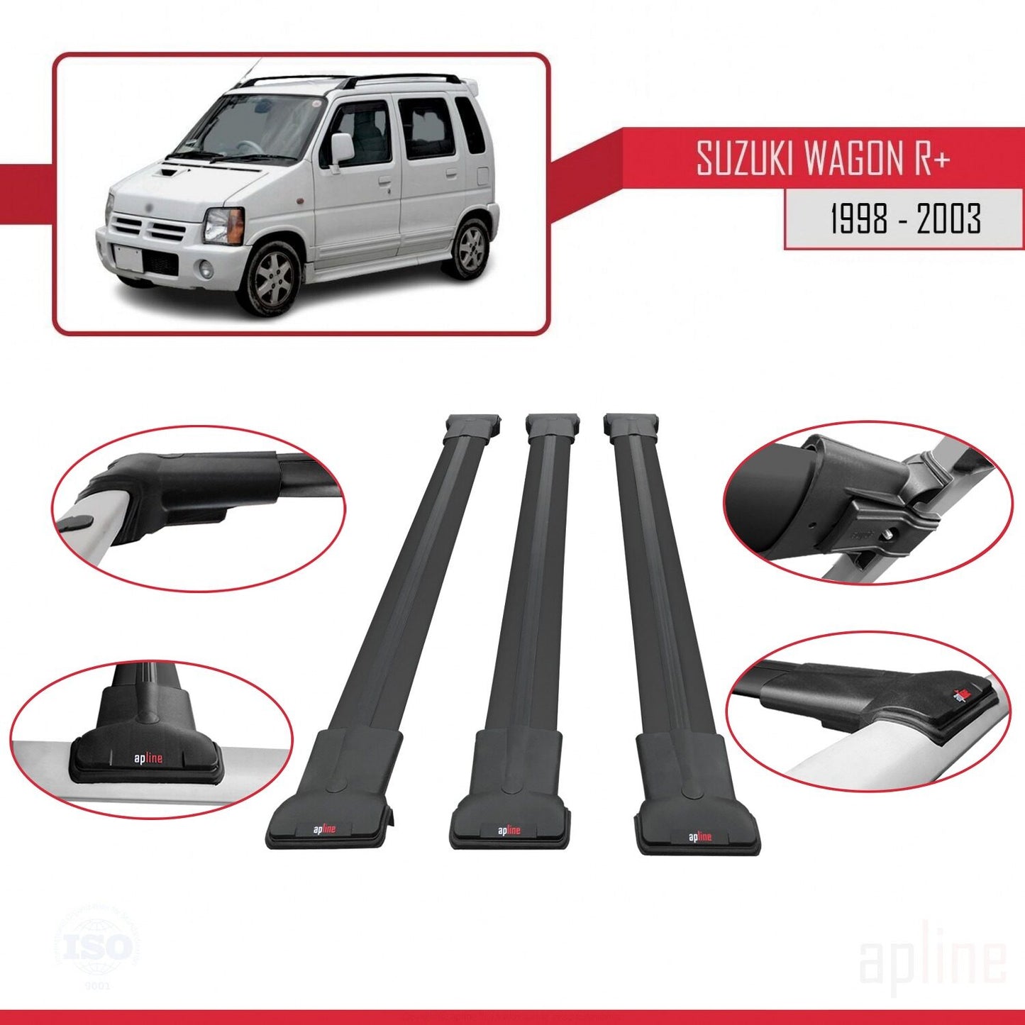 Compatible avec Suzuki Wagon R+ 1998-2003 FLY Model Barres de Toit Railing Porte-Bagages de Voiture Noir Aluminium 3 Barres