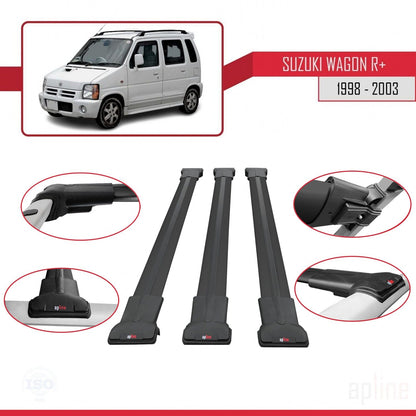 Compatible avec Suzuki Wagon R+ 1998-2003 FLY Model Barres de Toit Railing Porte-Bagages de Voiture Noir Aluminium 3 Barres