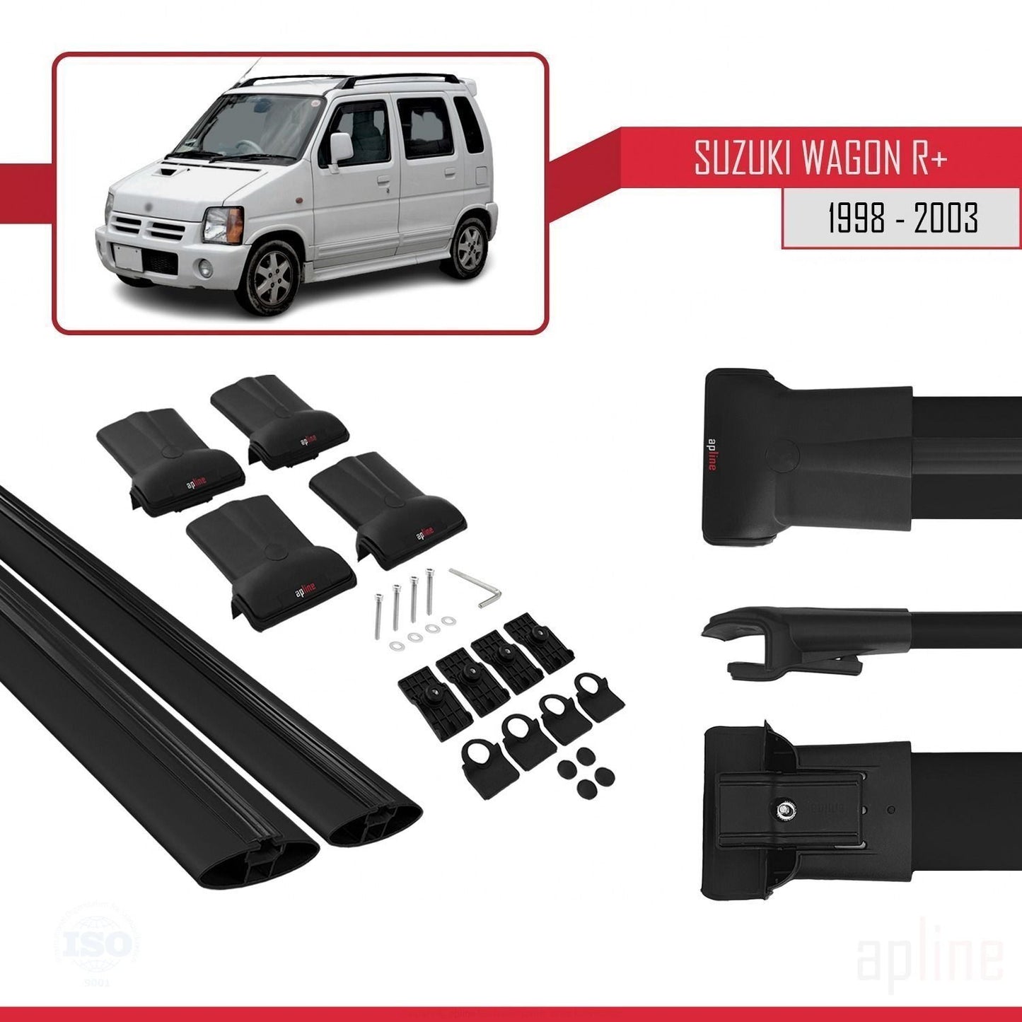 Compatible avec Suzuki Wagon R+ 1998-2003 FLY Model Barres de Toit Railing Porte-Bagages de Voiture Noir Aluminium 2 Barres