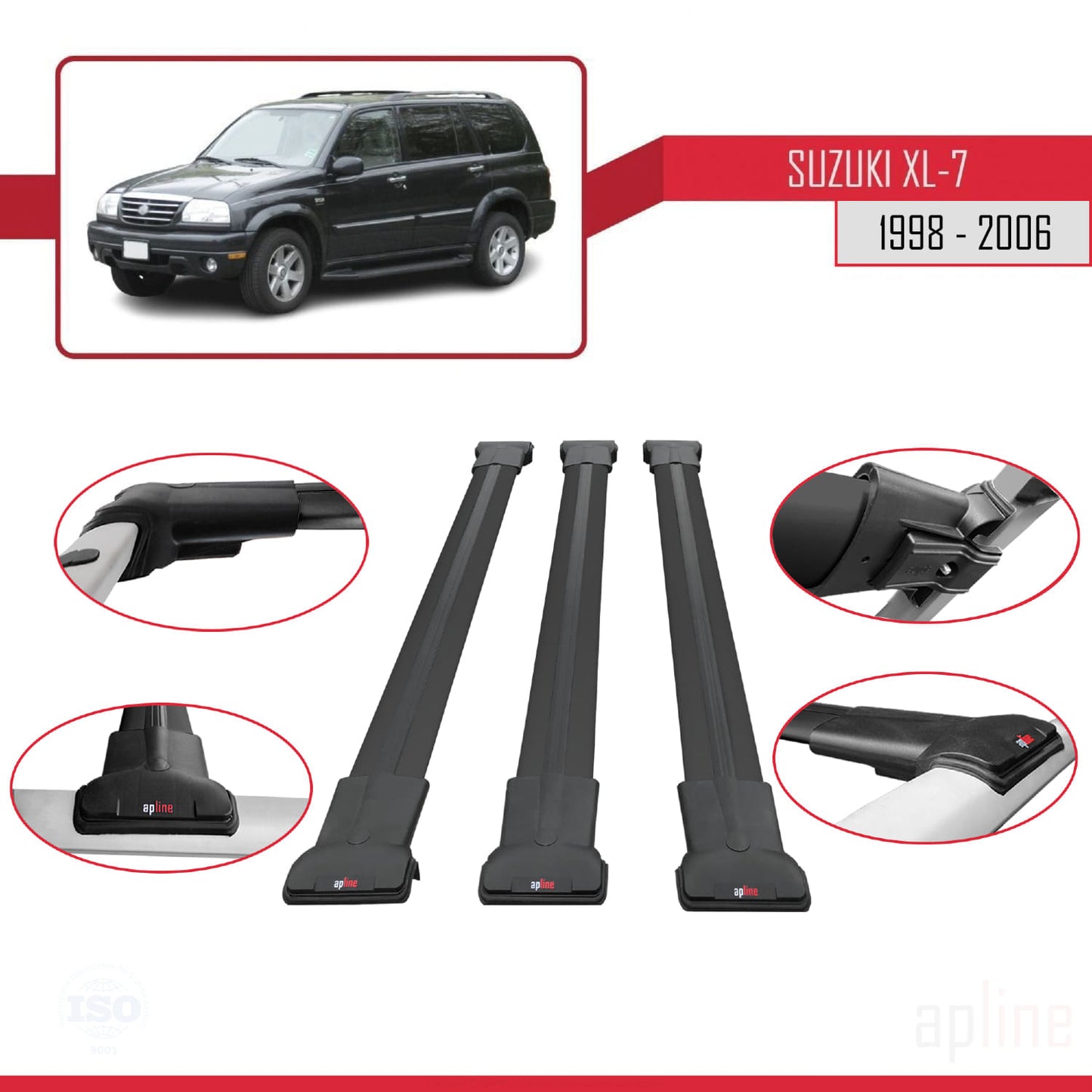 Compatible avec Suzuki XL-7 1998-2006 FLY Model Barres de Toit Railing Porte-Bagages de Voiture Noir Aluminium 3 Barres