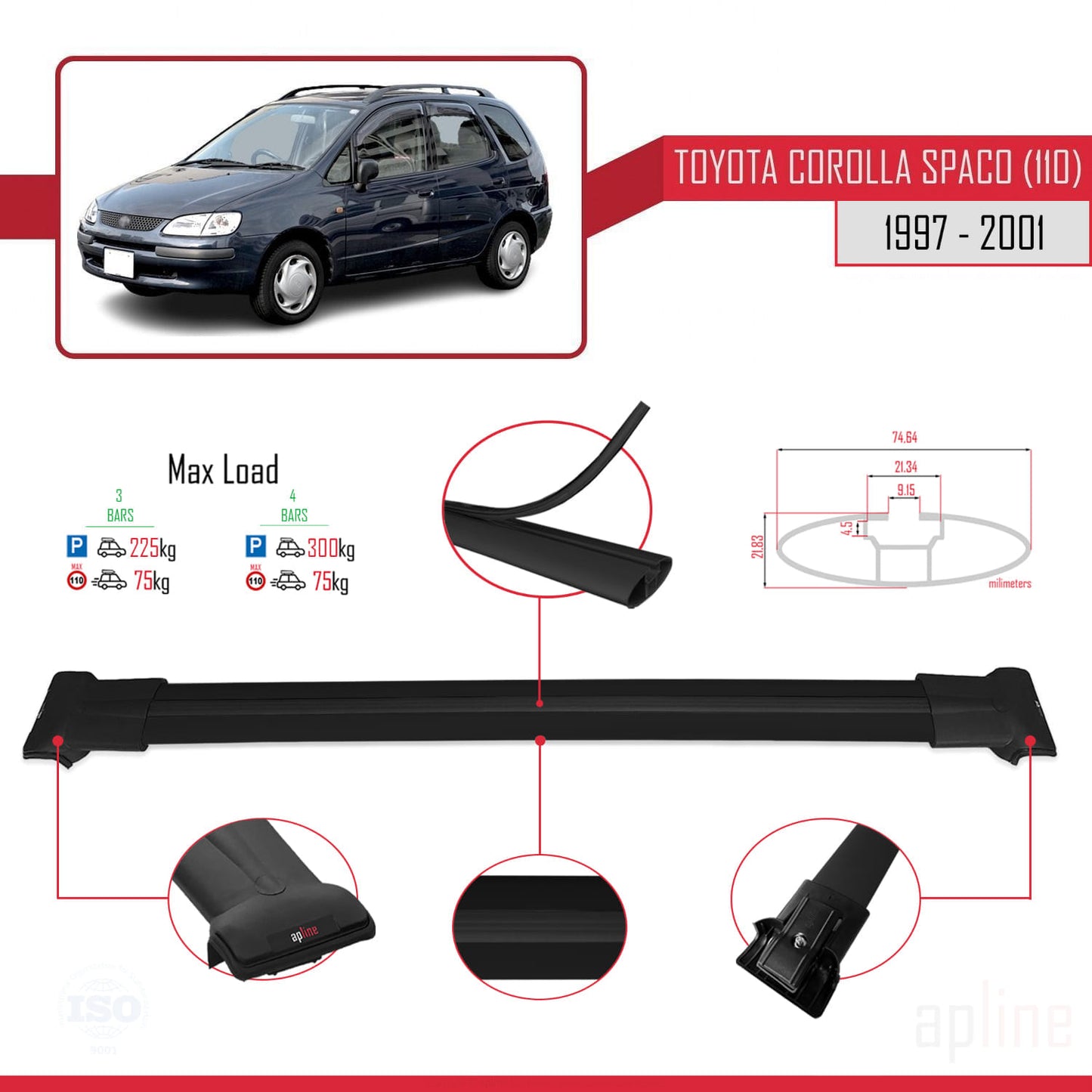Compatible avec Toyota Corolla Spacio (E110) 1997-2001 FLY Model Barres de Toit Railing Porte-Bagages de Voiture Noir Aluminium 3 Barres