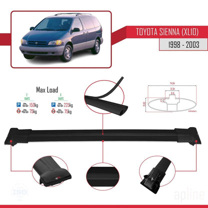Compatible avec Toyota Sienna (XL10) 1998-2003 FLY Model Barres de Toit Railing Porte-Bagages de Voiture Noir Aluminium 2 Barres