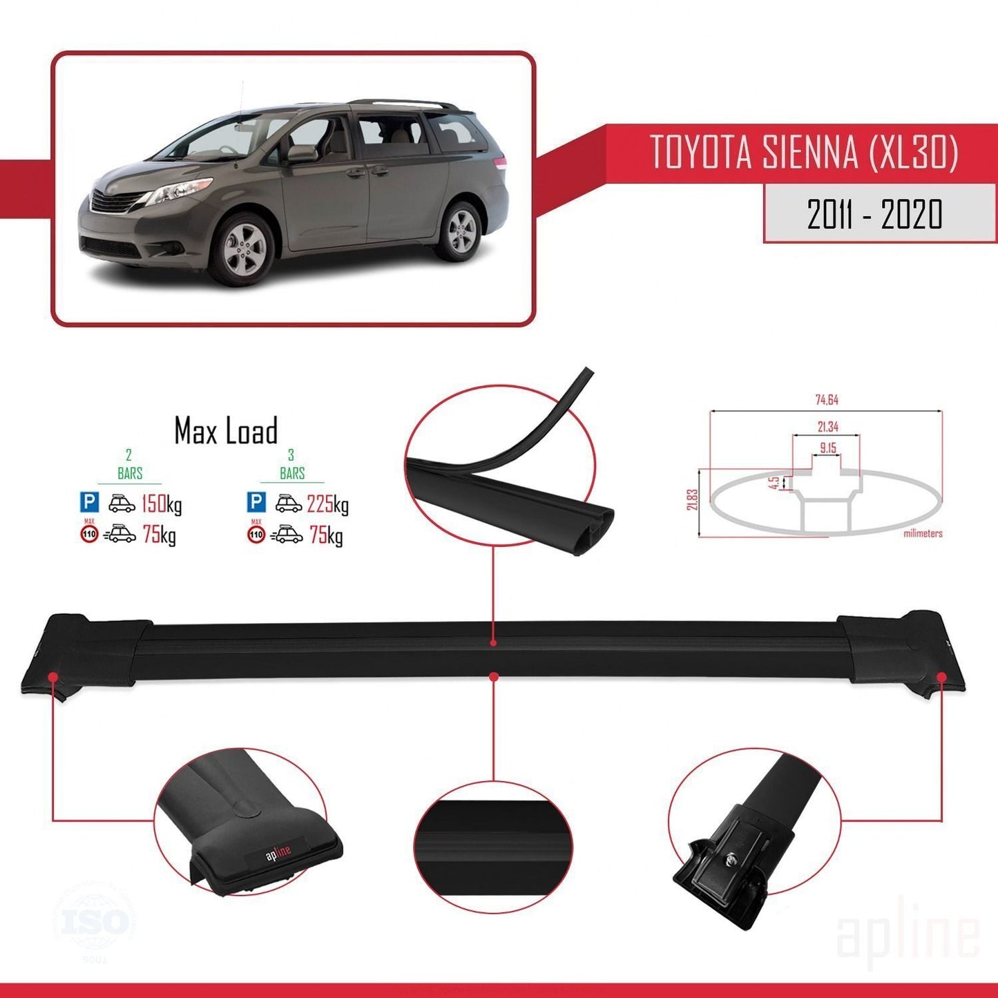 Compatible avec Toyota Sienna 3 (XL30) 2011-2020 FLY Model Barres de Toit Railing Porte-Bagages de Voiture Noir Aluminium 2 Barres