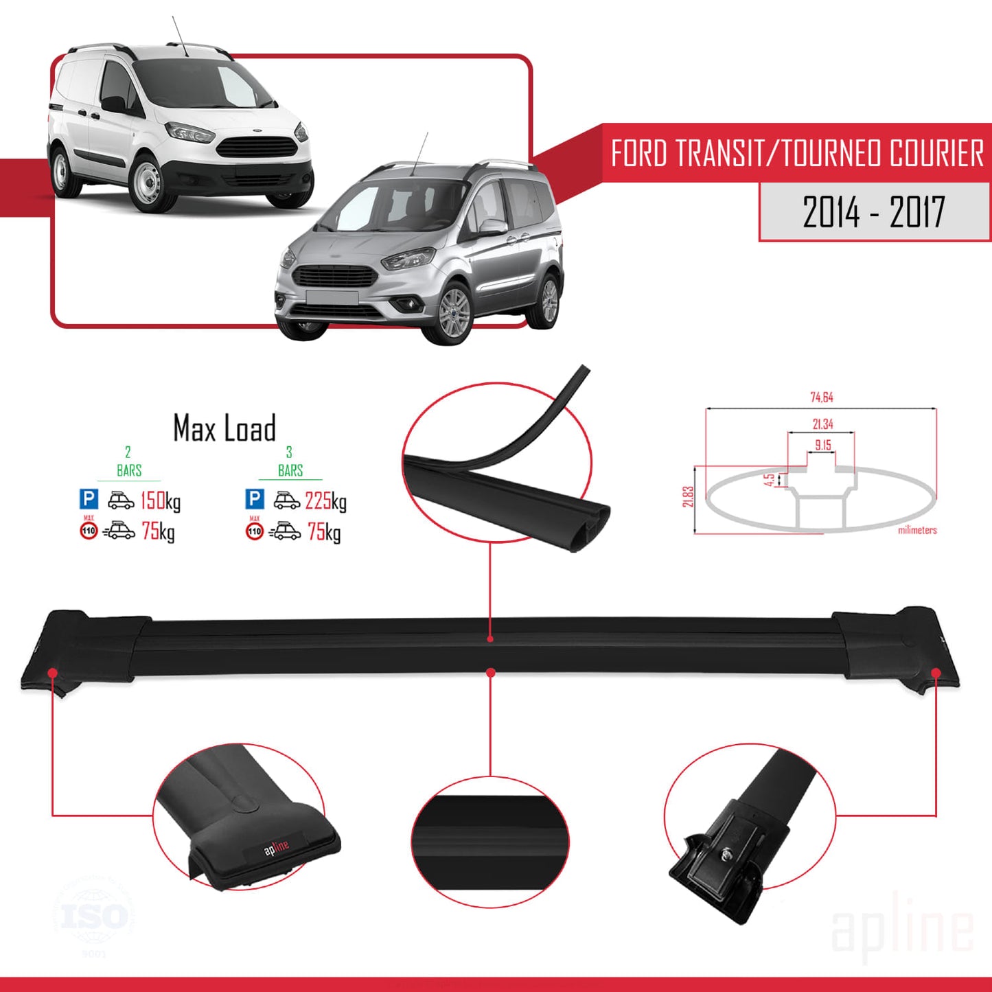 Compatible avec Ford Transit/Tourneo Courier Pre-Facelift 2014-2017 FLY Model Barres de Toit Railing Porte-Bagages de Voiture Noir Aluminium 2 Barres
