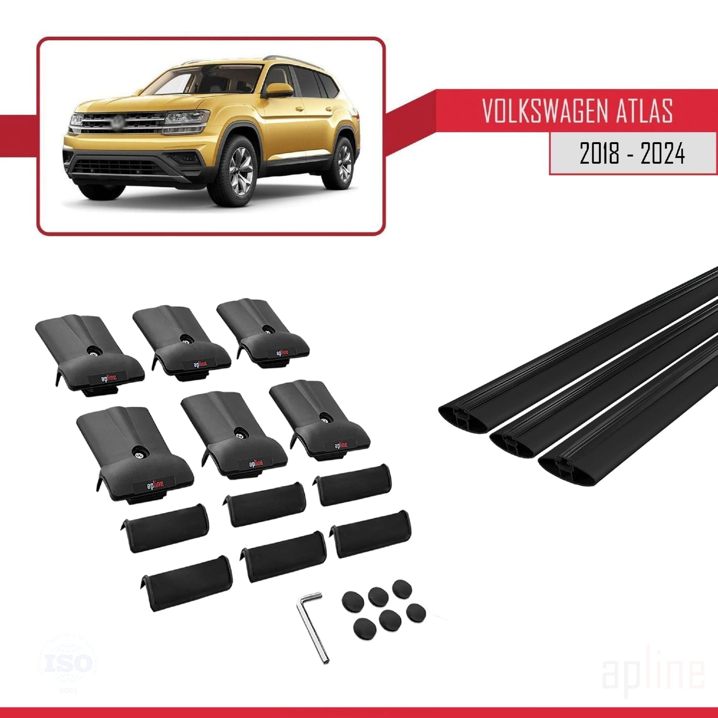 Compatible avec Volkswagen Atlas (CA1) 2018-2025 FLY Model Barres de Toit Railing Porte-Bagages de Voiture Noir Aluminium 3 Barres