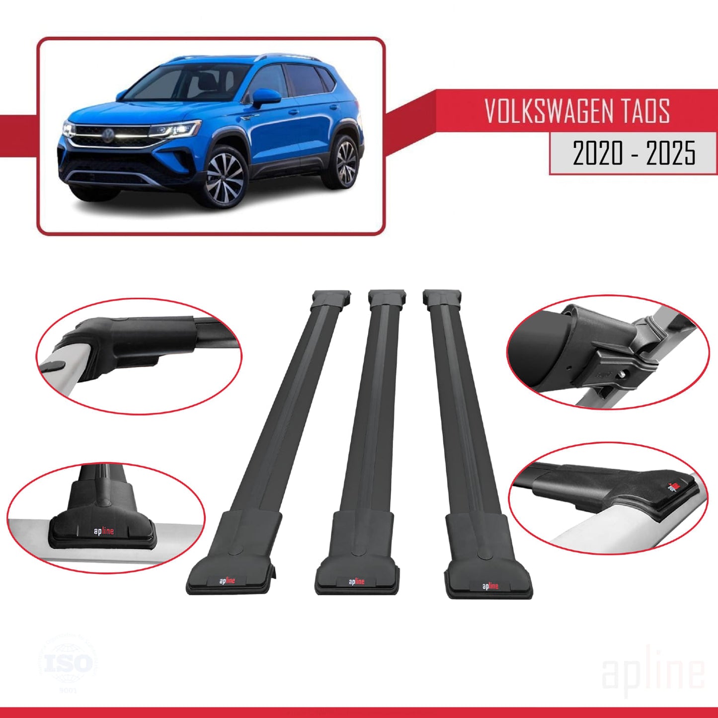 Compatible avec Volkswagen Taos 2021-2025 FLY Model Barres de Toit Railing Porte-Bagages de Voiture Noir Aluminium 3 Barres
