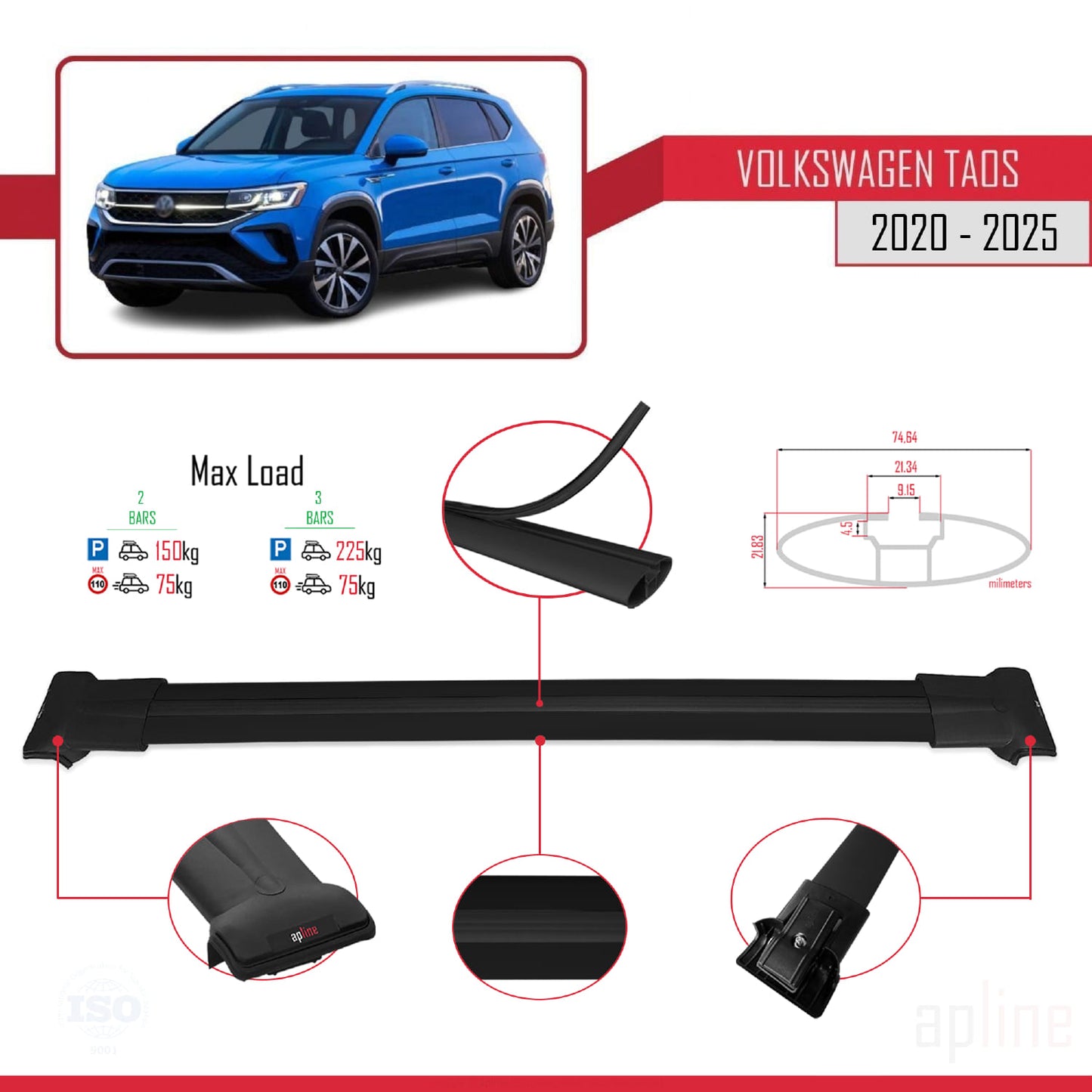 Compatible avec Volkswagen Taos 2021-2025 FLY Model Barres de Toit Railing Porte-Bagages de Voiture Noir Aluminium 2 Barres