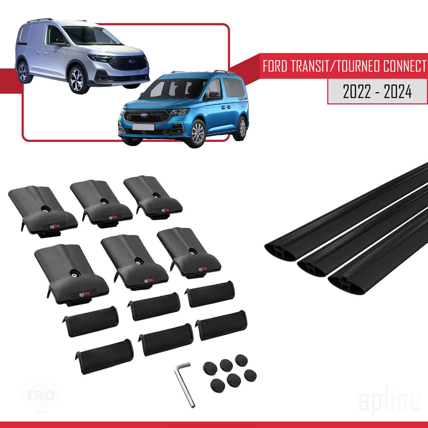 Compatible avec Ford Transit/Tourneo Connect 3 2022-2025 FLY Model Barres de Toit Railing Porte-Bagages de Voiture Noir Aluminium 3 Barres
