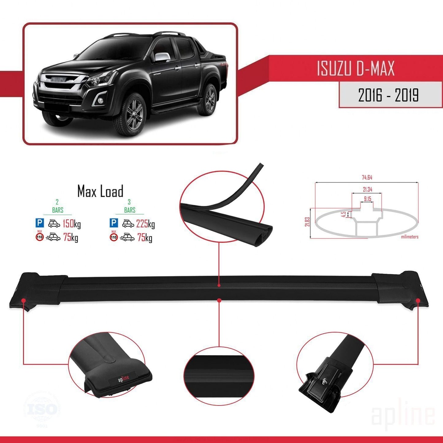 Compatible avec Isuzu D-Max 2 (RT85) Post-Facelift 2016-2019 FLY Model Barres de Toit Railing Porte-Bagages de Voiture Noir Aluminium 2 Barres