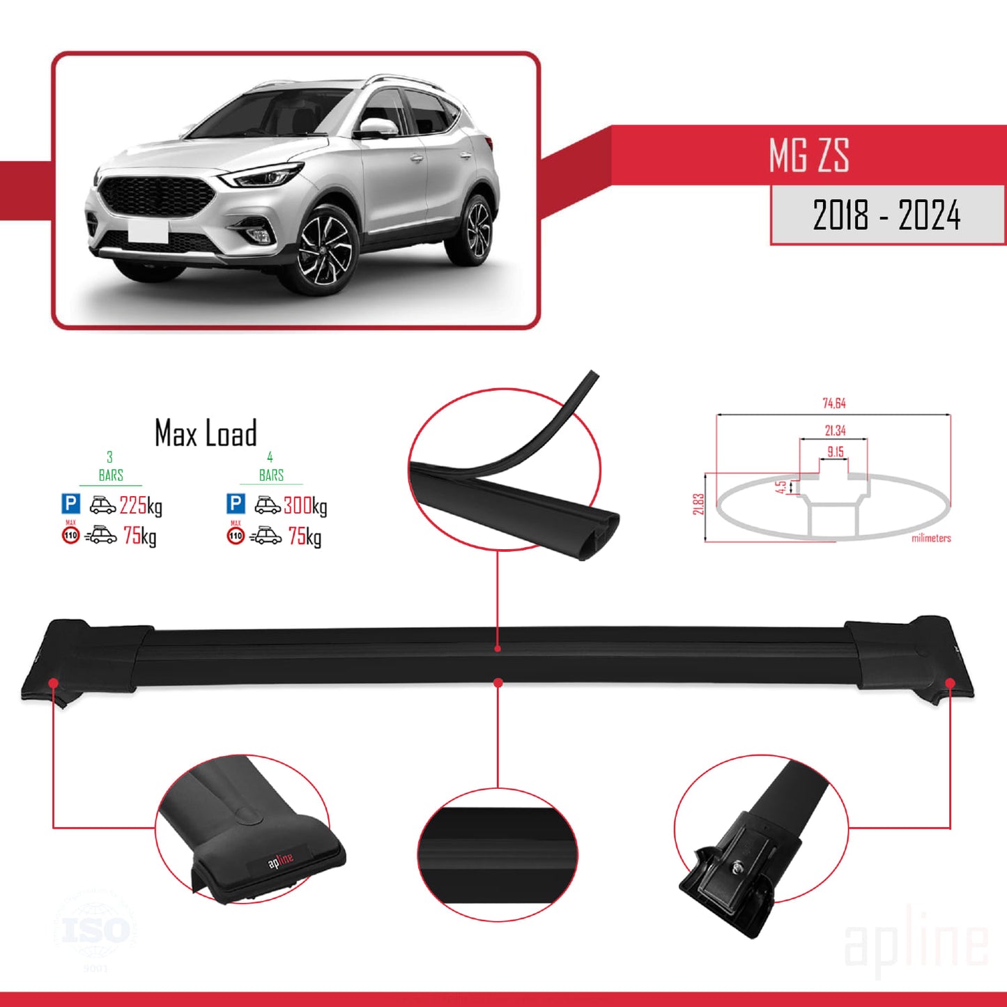 Compatible avec MG ZS 2018-2024 FLY Model Barres de Toit Railing Porte-Bagages de Voiture Noir Aluminium 3 Barres