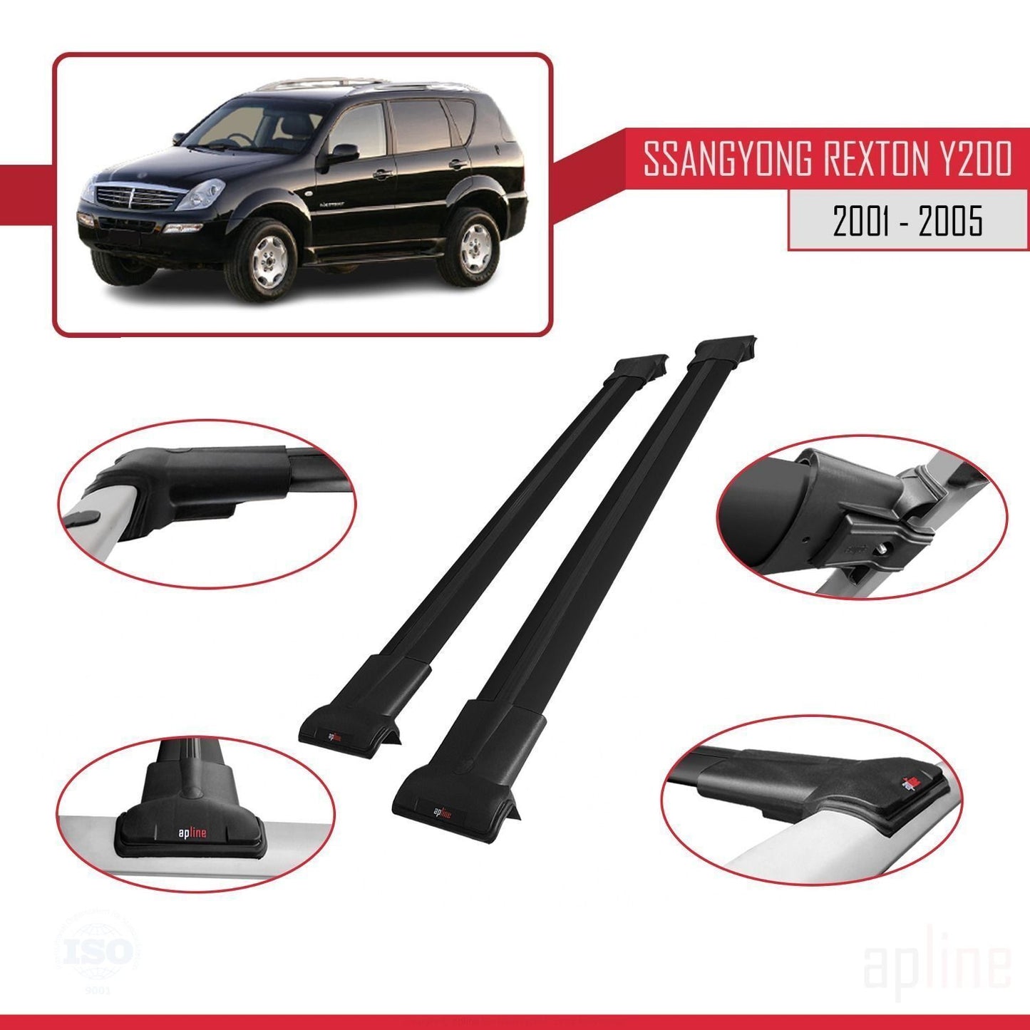 Compatible avec Ssangyong Rexton (Y200) 2001-2005 FLY Model Barres de Toit Railing Porte-Bagages de Voiture Noir Aluminium 2 Barres