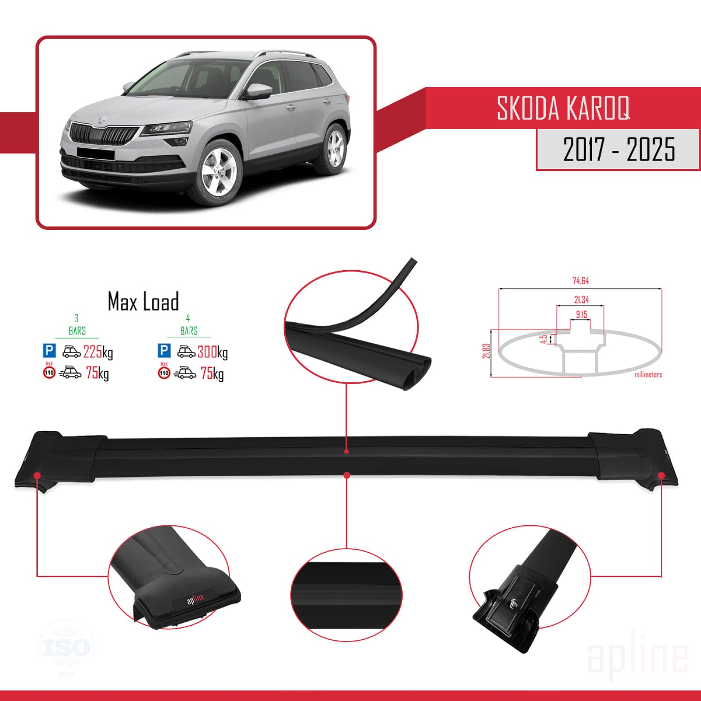Compatible avec Skoda Karoq 2017-2025 FLY Model Barres de Toit Railing Porte-Bagages de Voiture Noir Aluminium 3 Barres