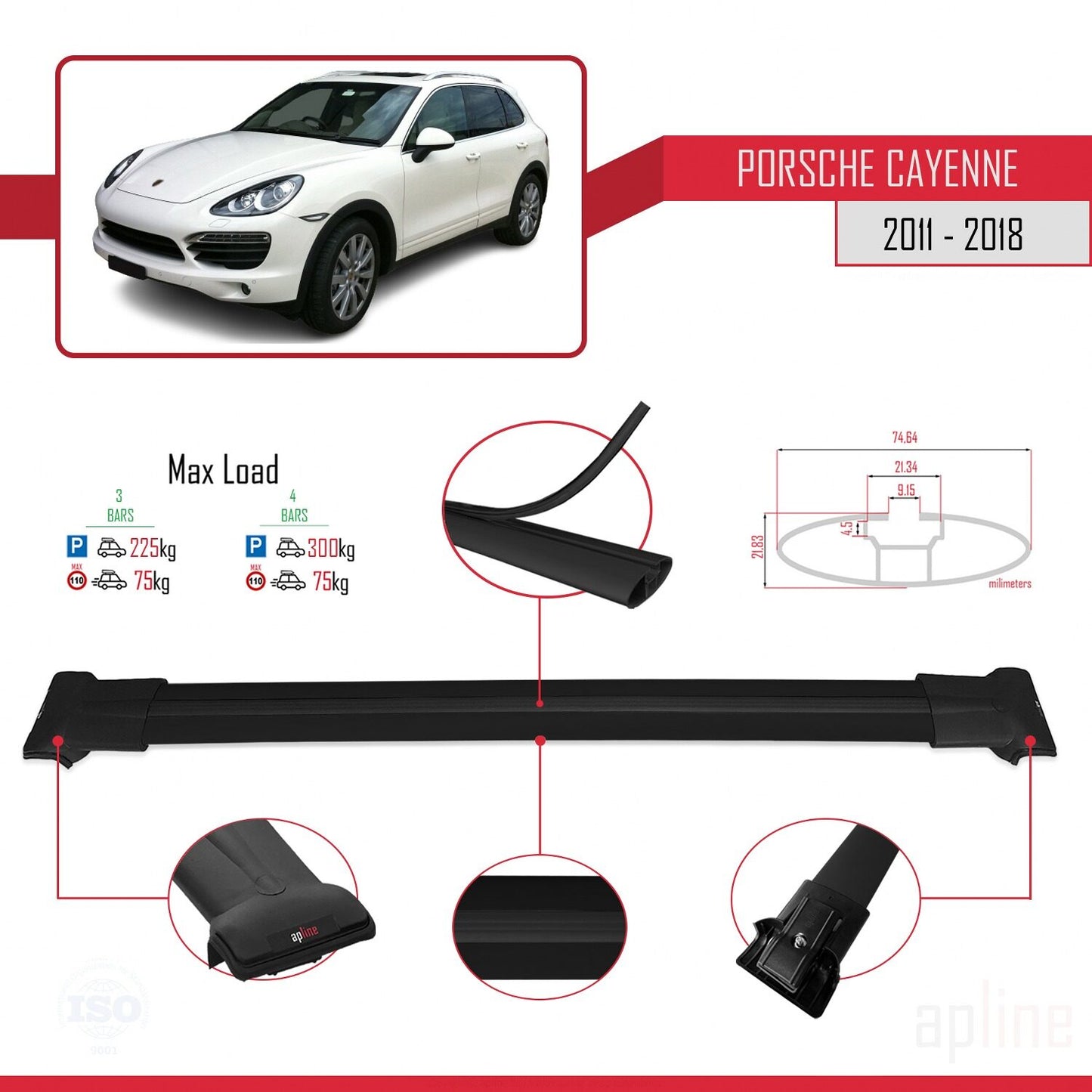 Compatible avec Porsche Cayenne 2 (92A) 2011-2018 FLY Model Barres de Toit Railing Porte-Bagages de Voiture Noir Aluminium 3 Barres
