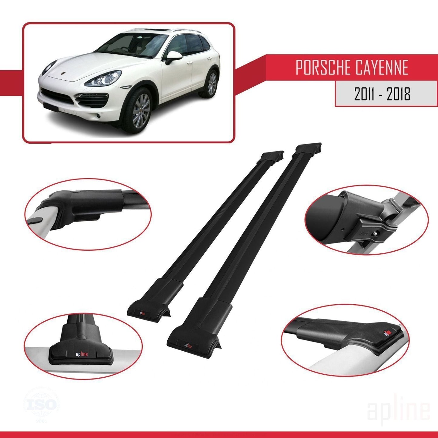 Compatible avec Porsche Cayenne 2 (92A) 2011-2018 FLY Model Barres de Toit Railing Porte-Bagages de Voiture Noir Aluminium 2 Barres