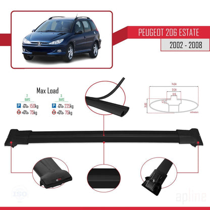 Compatible avec Peugeot 206 Break 2002-2008 FLY Model Barres de Toit Railing Porte-Bagages de Voiture Noir Aluminium 2 Barres