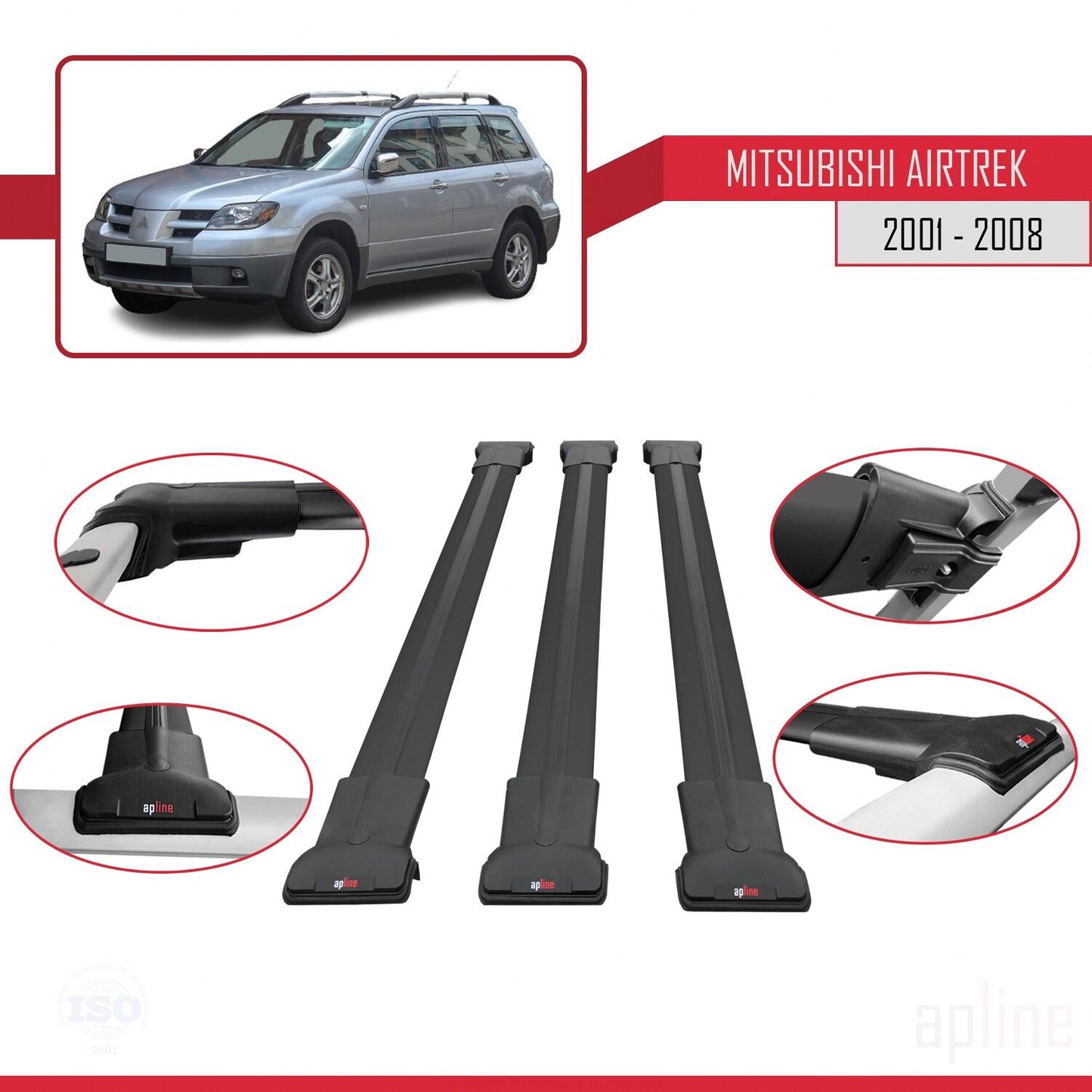 Compatible with Mitsubishi Airtrek 2001-2008 FLY Model Car Roof Rack Cross Bar Black Aluminium 3 Bars