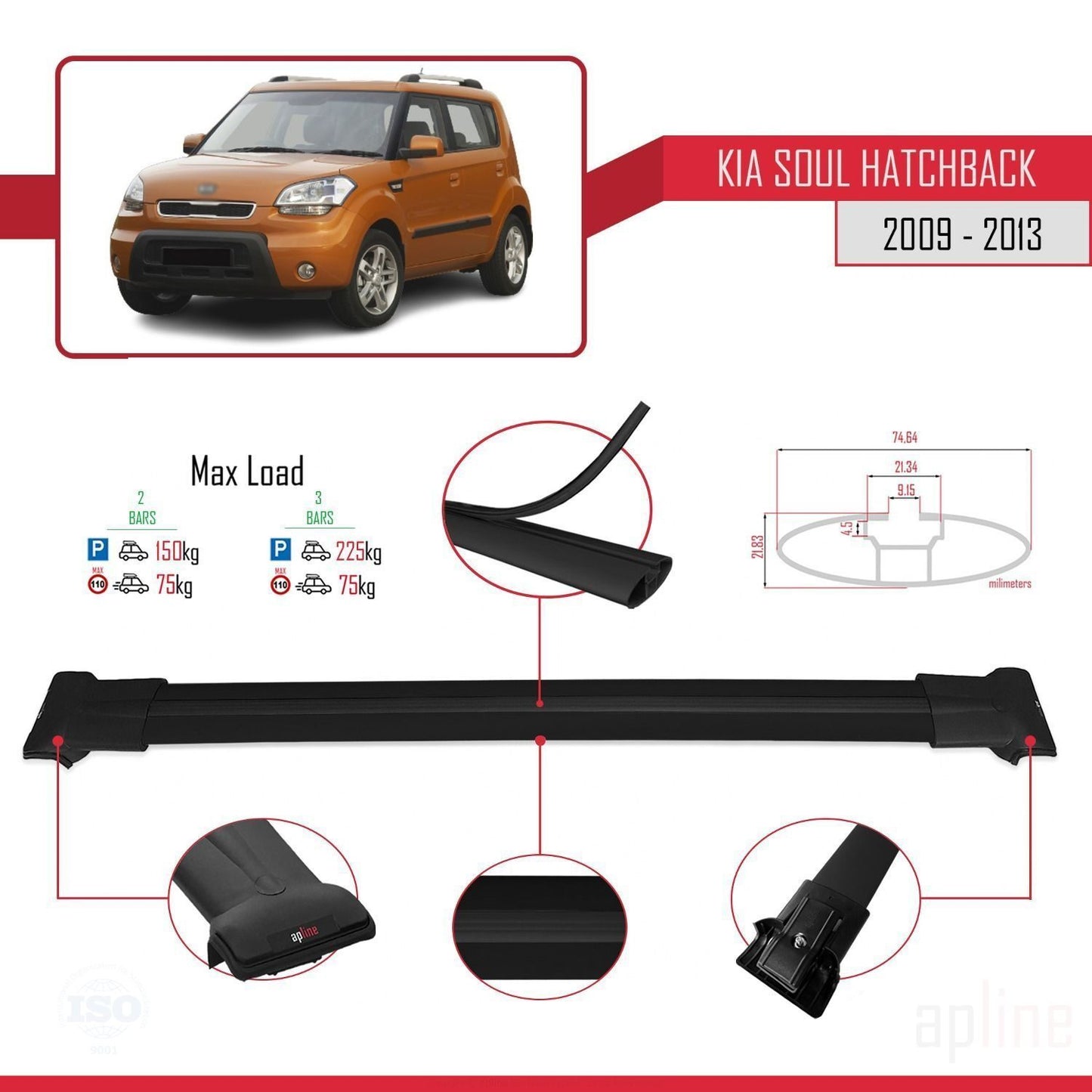 Compatible avec Kia Soul (AM) HB 2009-2013 FLY Model Barres de Toit Railing Porte-Bagages de Voiture Noir Aluminium 2 Barres