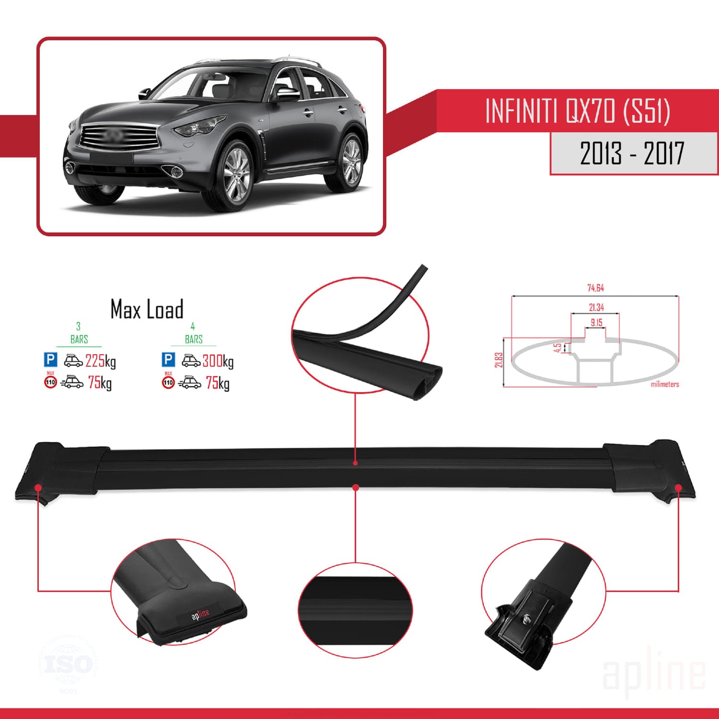 Compatible avec Infiniti QX70 (S51) 2013-2017 FLY Model Barres de Toit Railing Porte-Bagages de Voiture Noir Aluminium 3 Barres