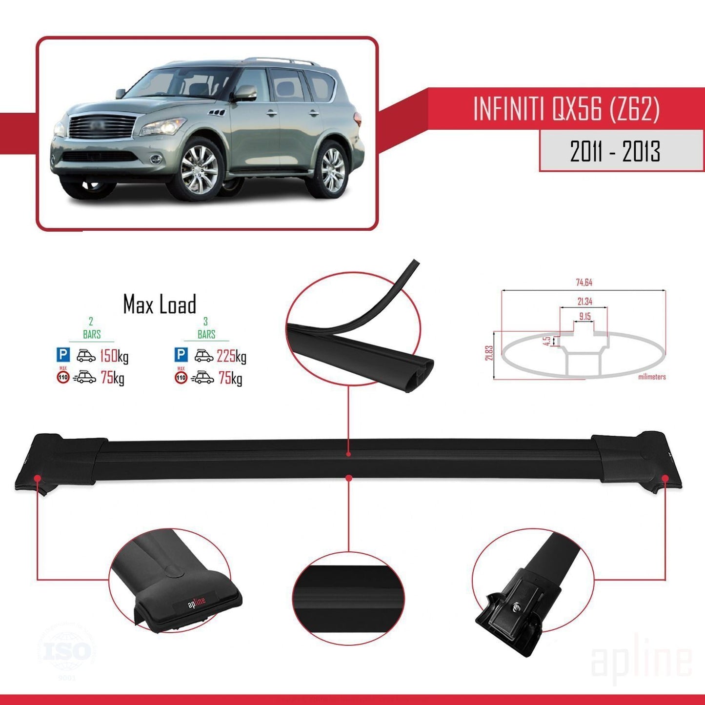 Compatible avec IInfiniti QX56 (Z62) 2011-2013 FLY Model Barres de Toit Railing Porte-Bagages de Voiture Noir Aluminium 2 Barres